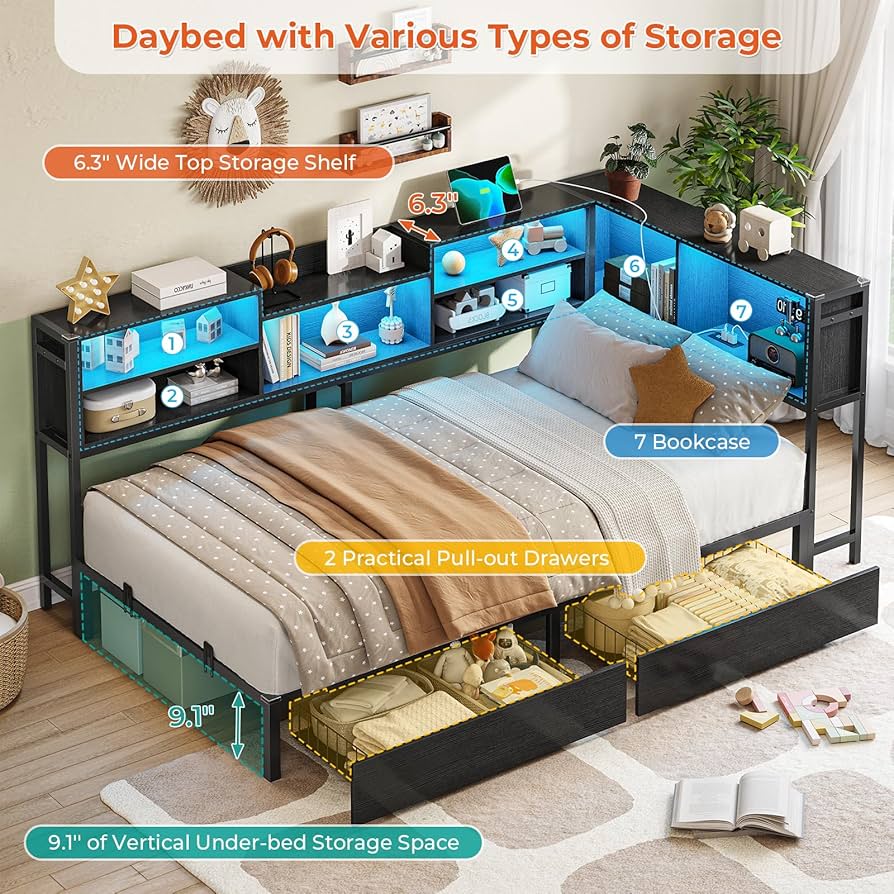 【tak】ベッド Amazon.com: DICTAC Corner Bed Frame with Bookcase Storage