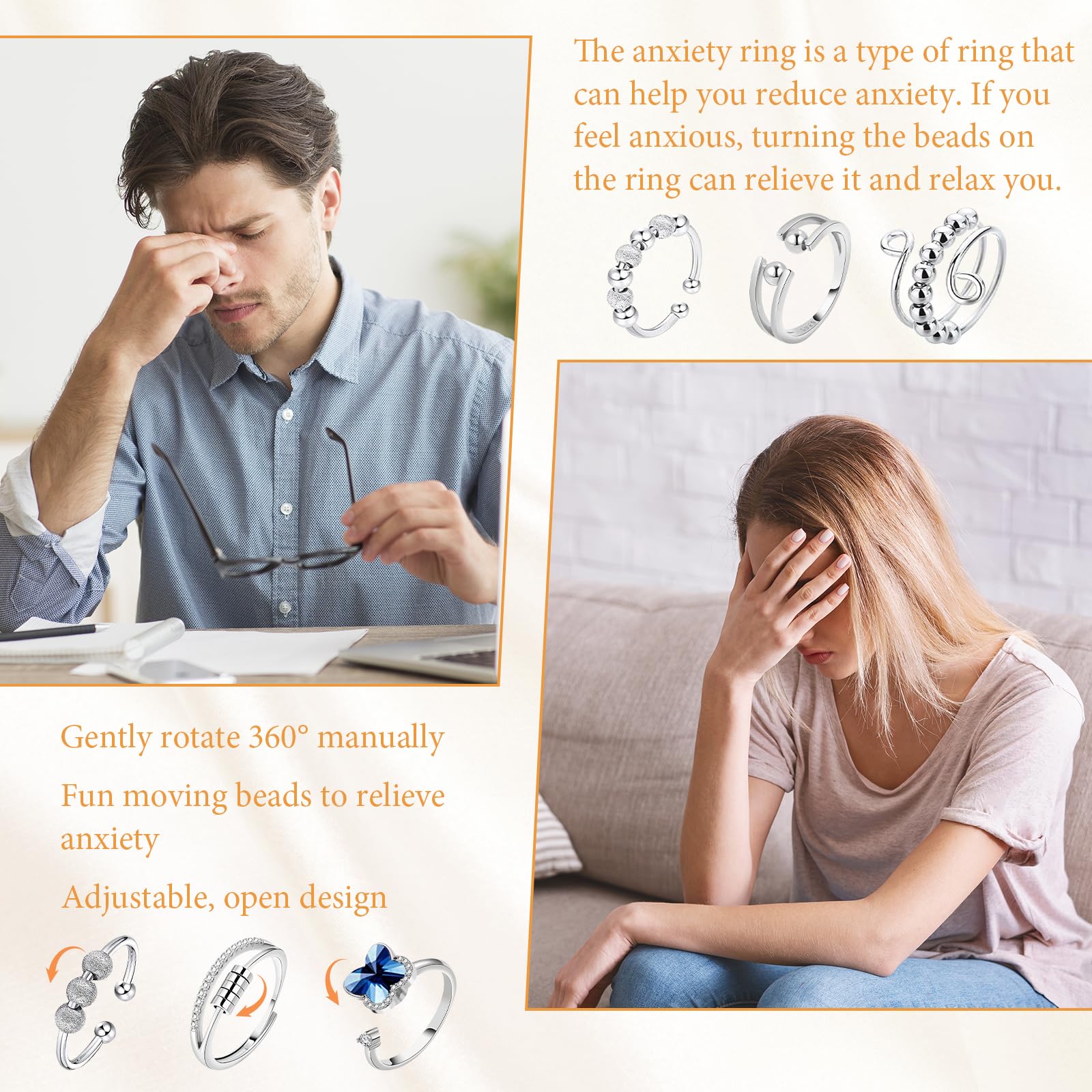 12 anelli antistress regolabili per alleviare lo stress e l'ansia, unisex, con sacchetto di velluto nero