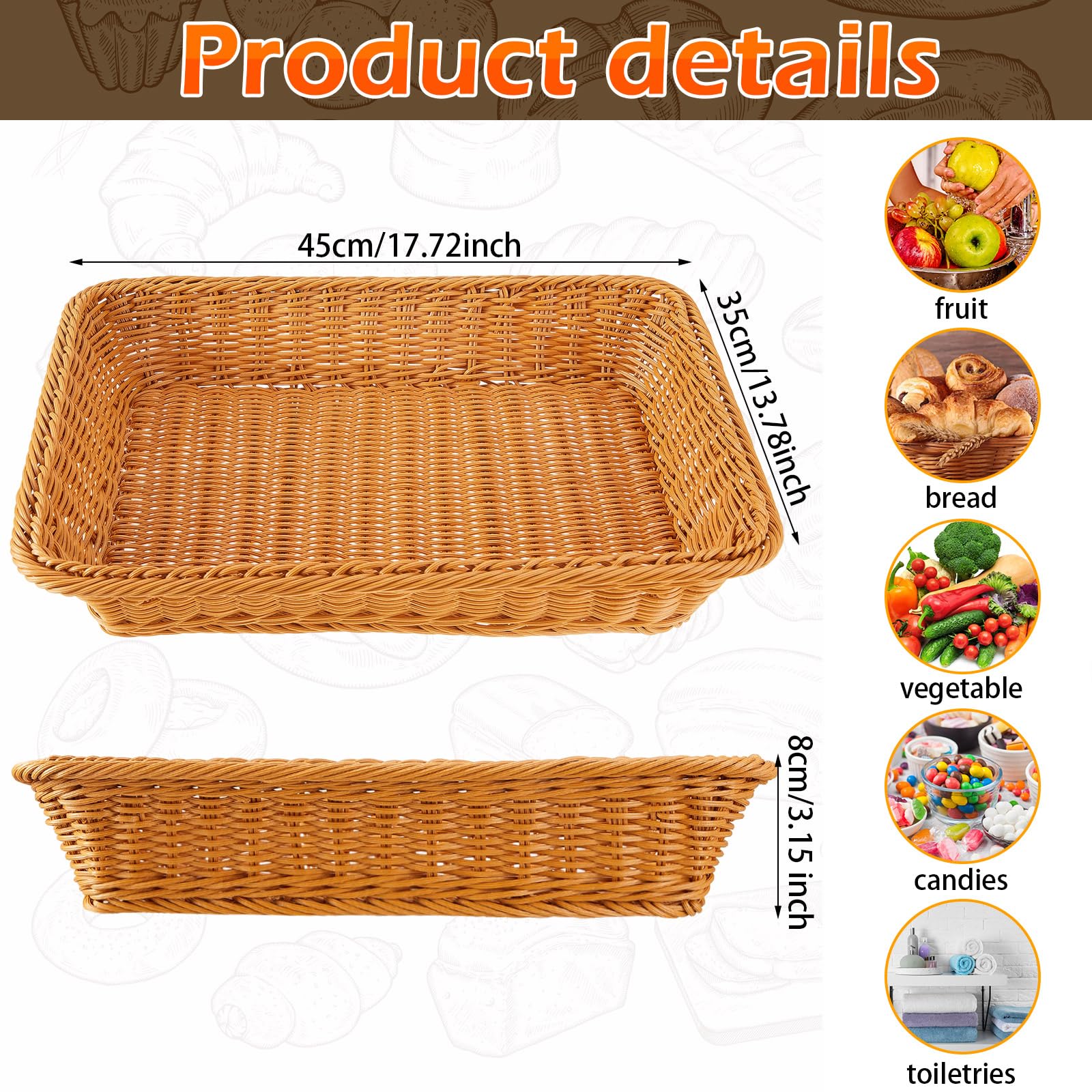 Tioncy 10 Pcs Poly Wicker Woven Bread Basket Imitation Rattan Fruit Basket Tray Stackable Rectangular Food Baskets for Serving Display Storage Kitchen Restaurant Home Vegetable (17.72 x 13.78 x 3.15)