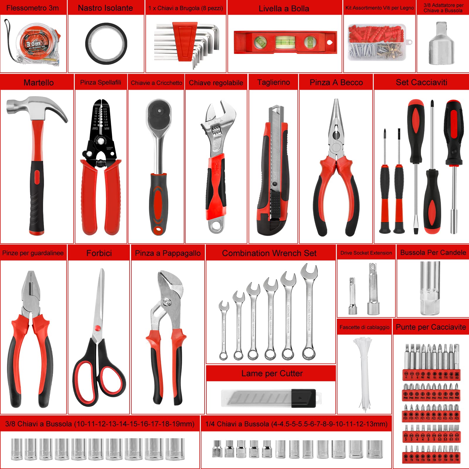 Cassetta Attrezzi Completa 287pc - Set Attrezzi da Lavoro Cassetta Attrezzi Completa Valigetta Attrezzi Portatile con Cricchetto Cacciaviti Fai da te Riparazioni Quotidiane Casa Ufficio