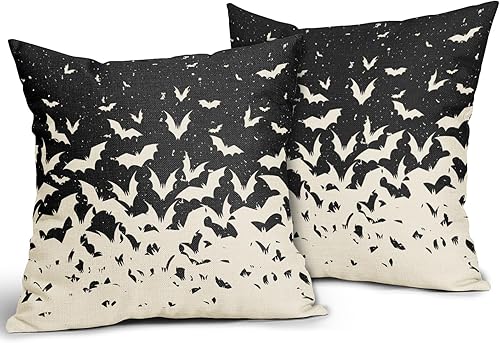 Miniatura 2 de Juego de 2 fundas de almohada de murciélago de Halloween de 18 x 18 pulgadas, color negro, con estampado de miedo, almohadas decorativas para