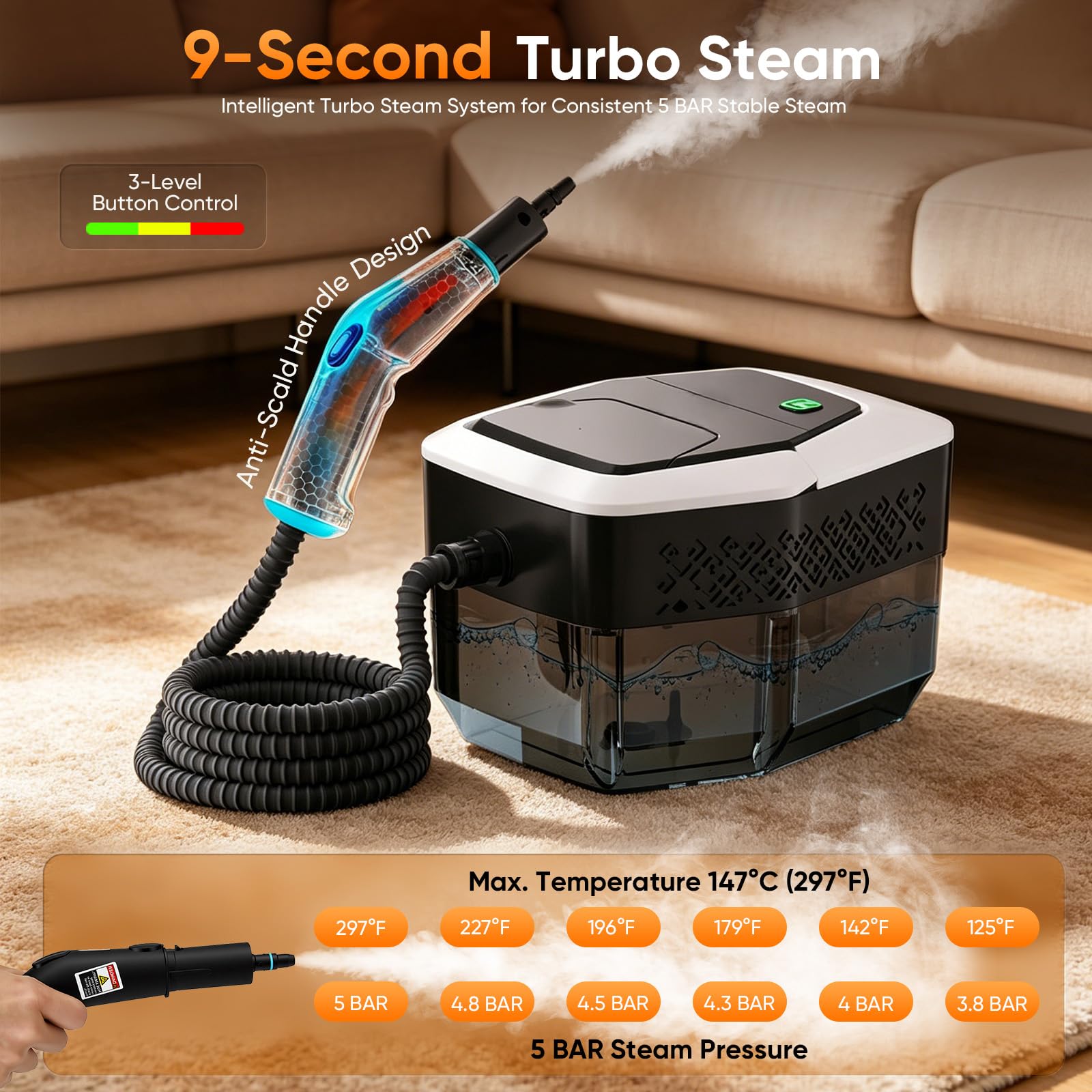 Dampfreiniger Handgerät 2500W mit Druck, 10s Aufheizzeit, 1,8L Wassertank, Handdampfreiniger mit Zubehör für Auto, Zuhause, Küche