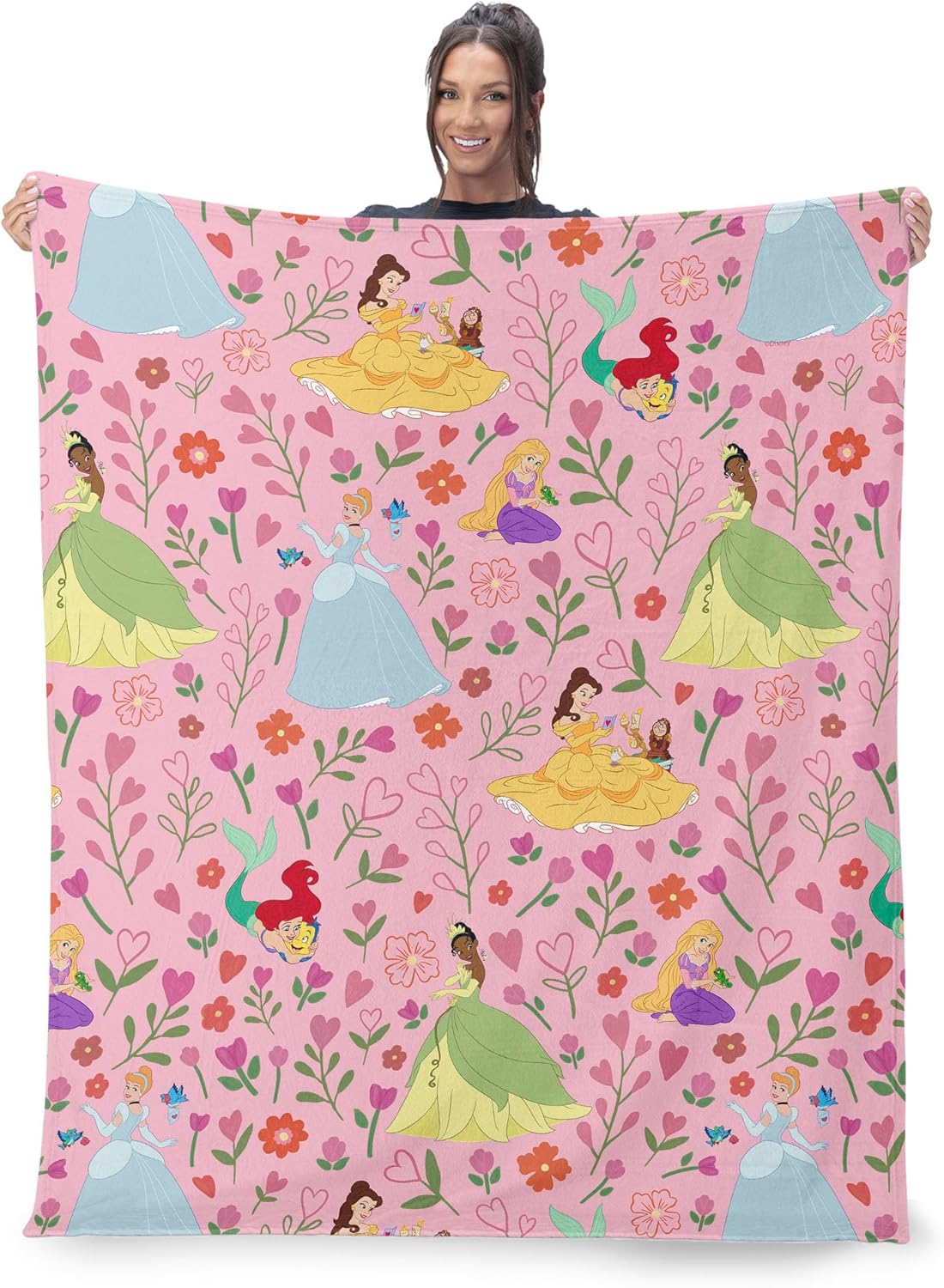Disney “Princess Floral Repeat” Silk Touch Sherpa Throw Blanket – Cinderella, Belle, Ariel & Tiana, Oversized Ultra-Soft Plush Blanket for Girls, Bed or Couch, 60 x 80 Inches