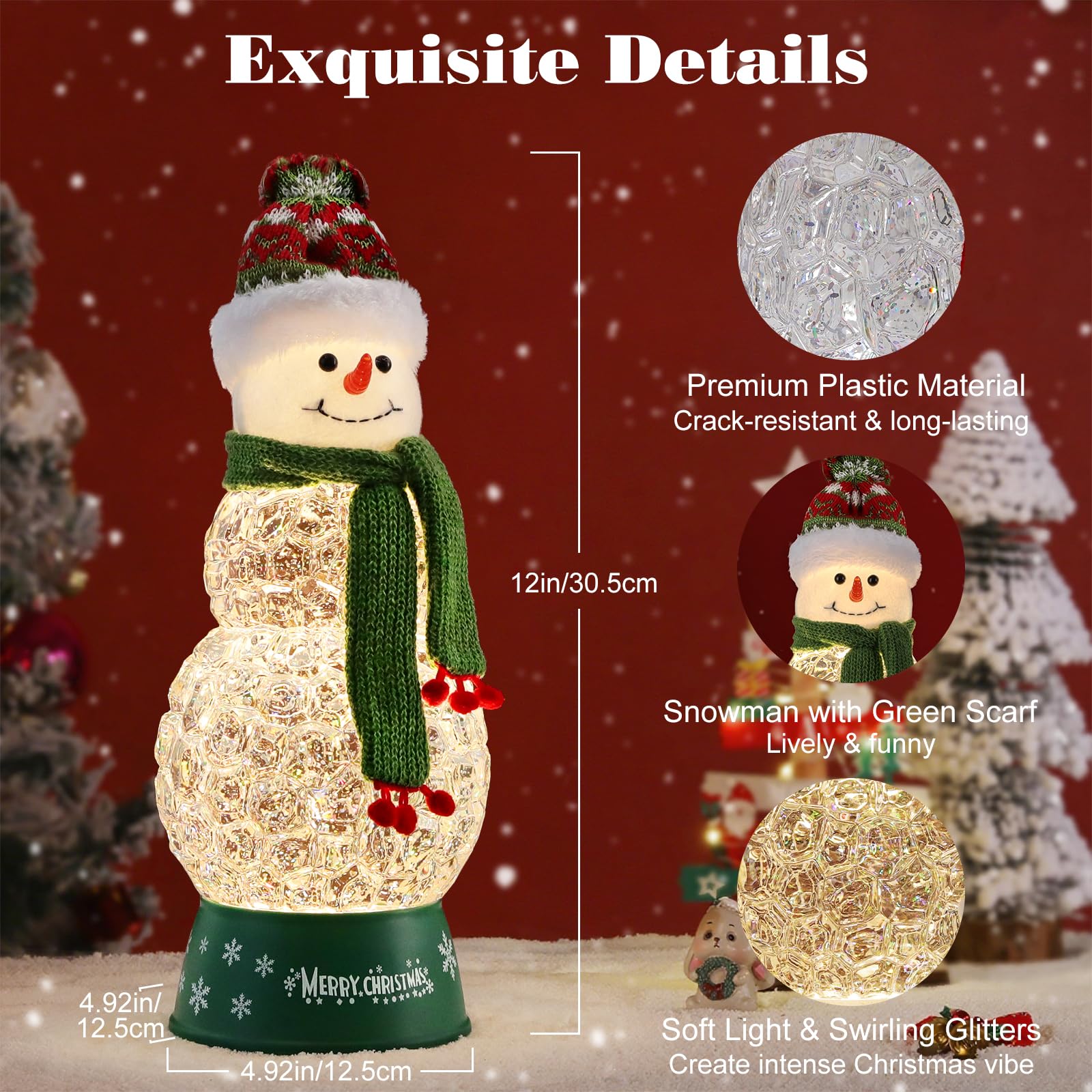 Lewondr Boule à Neige de Noël Bonhomme de Neige avec Écharpe Vert, Paillettes Tourbillonnantes et 8 Chansons - Écharpe Rayée, Lanterne, Décoration pour Les Fêtes de Fin d'Année