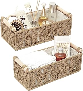 Macrame Storage Basket Boho Decor Baskets for Organizing Woven Decorative Basket for Countertop Toilet Paper Basket for Toilet Tank Top Shelf Basket with Handle for Bathroom Decor Nursery (Set of 2)