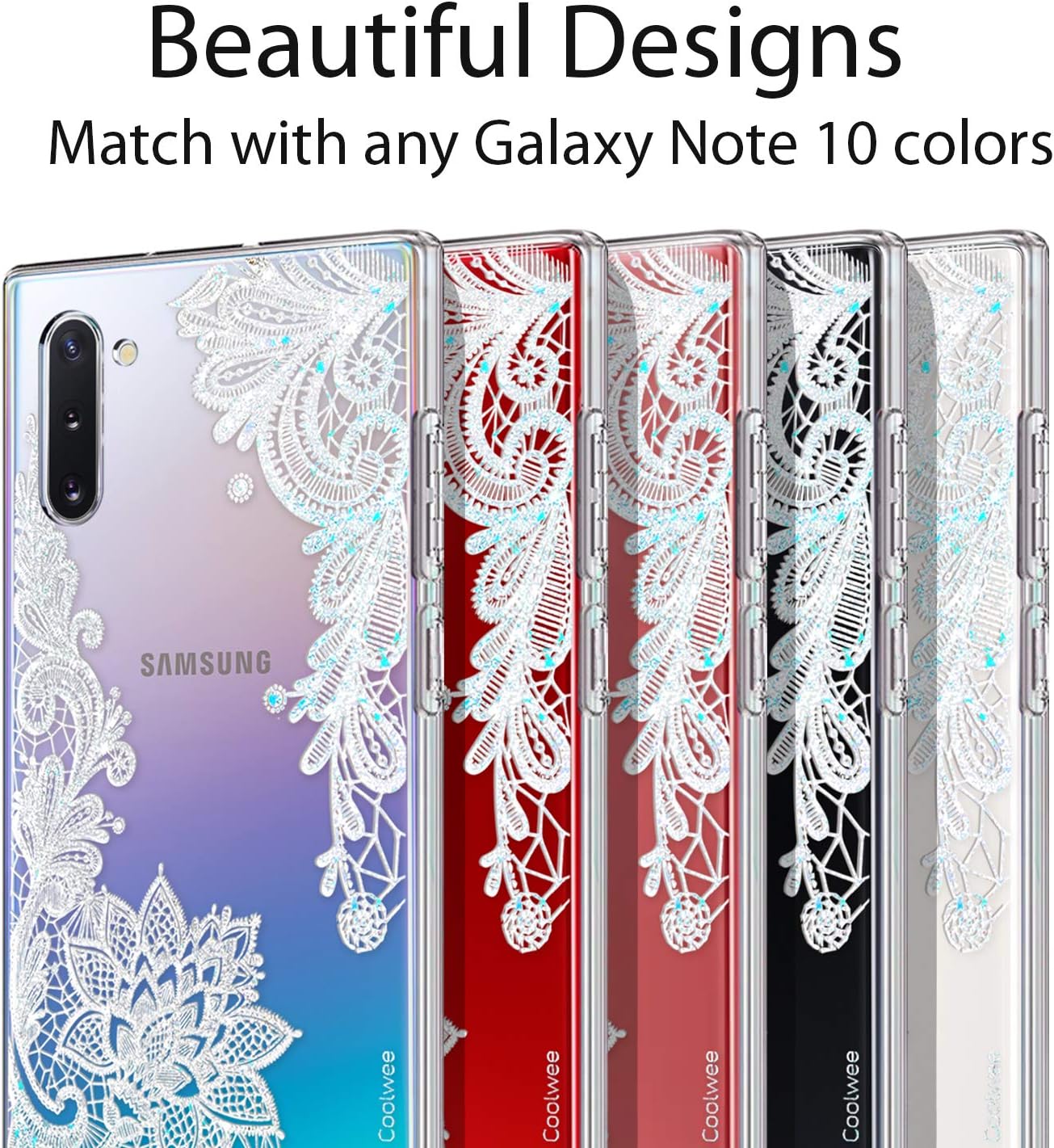 Coolwee Clear Glitter for Note 10 Plus Case Thin Flower Slim Cute Crystal Lace Bling Women Girl Floral Plastic Hard Back Soft TPU Bumper Protective Cover for Samsung Galaxy Note 10 Plus Mandala Henna
