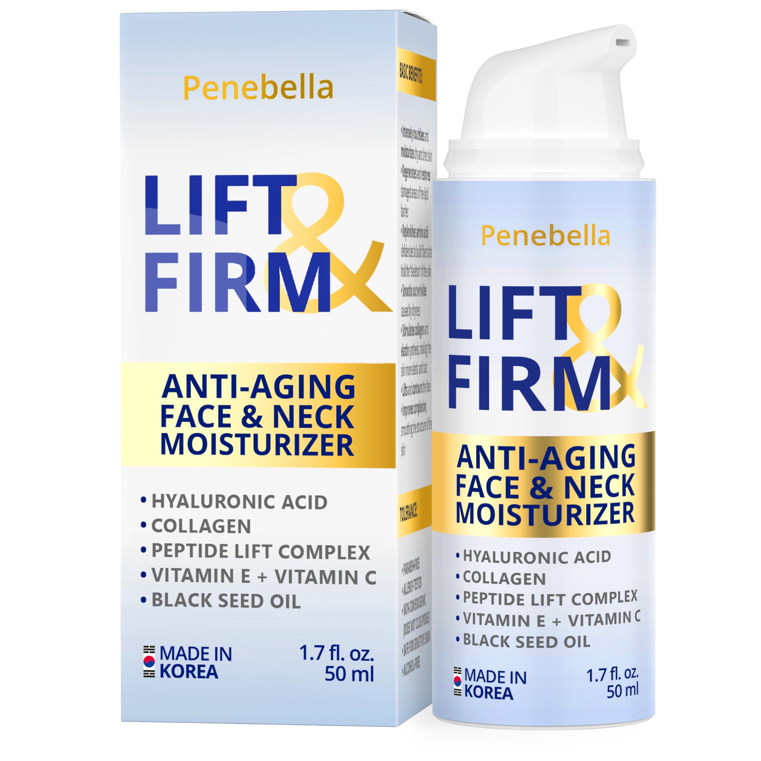 Face & Neck Cream for Tightening and Firming - Hyaluronic Acid 4D, Vitamin E + B5, Elastin - Made in Europe - Lift & Firm Cream - Face Moisturizer Anti Aging Treatment for All Skin