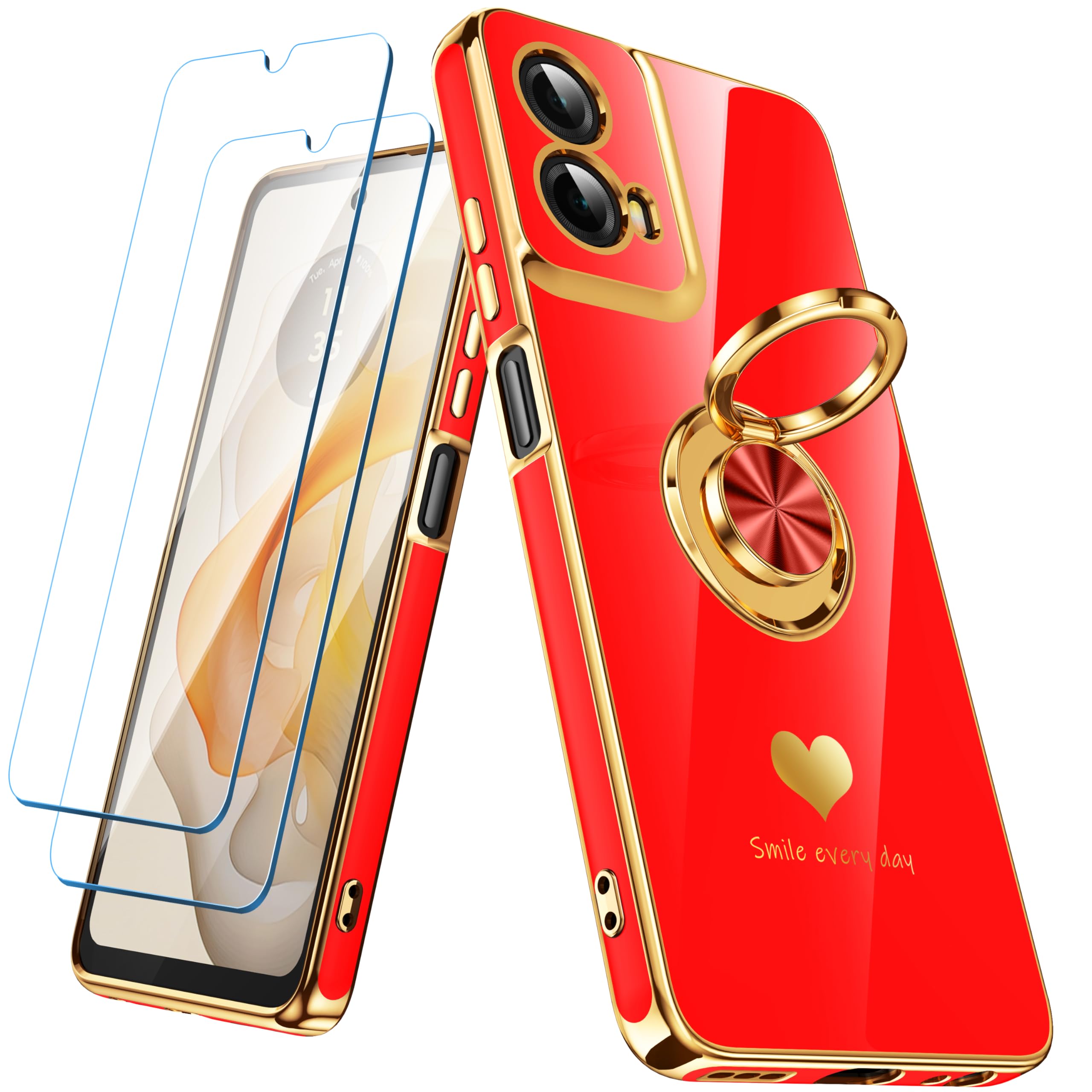 Nonional for Motorola Moto G 5G 2024 Case with 2 Pack Screen Protector, 360° Rotatable Ring Holder [Luxury Hearts Pattern] Plating Gold Edge Slim Soft