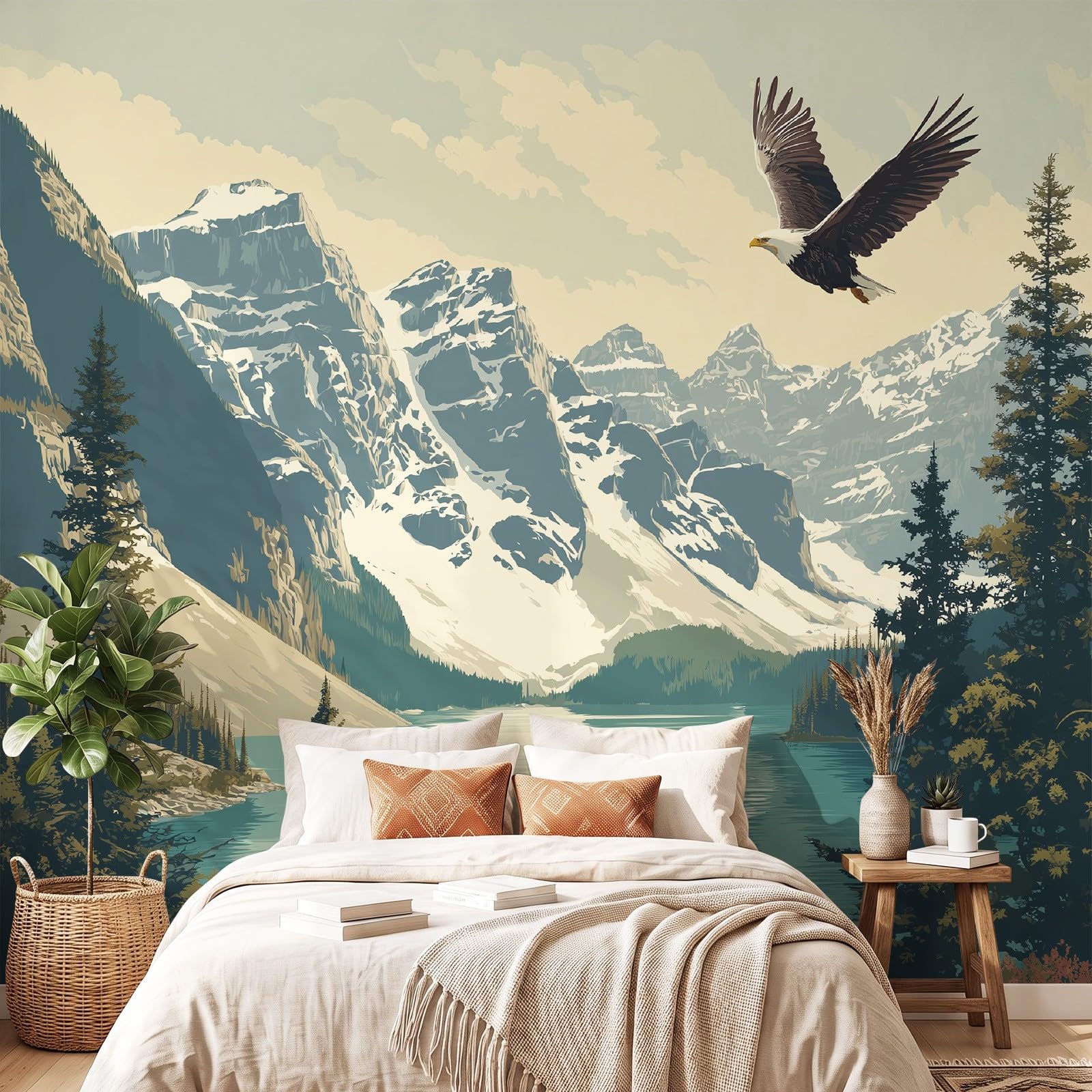 Fototapeta ścienna w stylu vintage, krajobraz, 200 x 140 cm (szer. x wys.), śnieżne góry, natura, orzeł, wymagana tapeta, tapeta, mural do standardowej sypialni, salonu, pokoju dziecięcego, możliwość