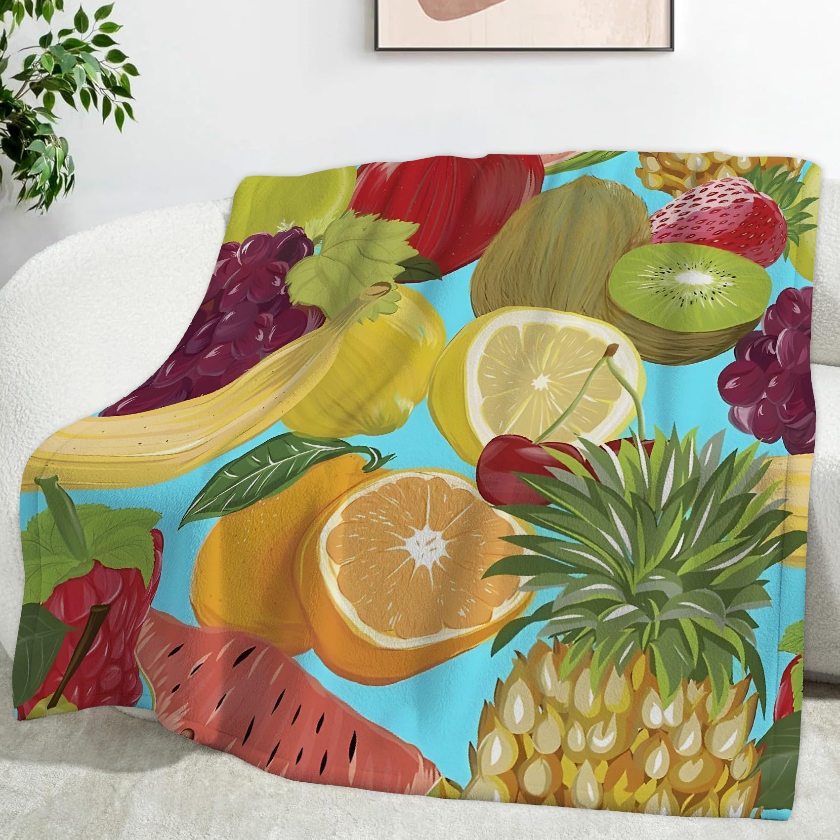 Couverture flanelle microfibre haut de gamme lit double 180x220 imprimé fruits d'été