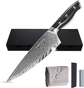 Master Maison Authentic 8" Damascus Steel Chef Knife With Full-Tang Black Handle, Sheath, Sharpening Stone, Storage Box, &amp; Drying Cloth | AUS-10 Japanese Ultra Sharp Stainless Steel Chef's Knife