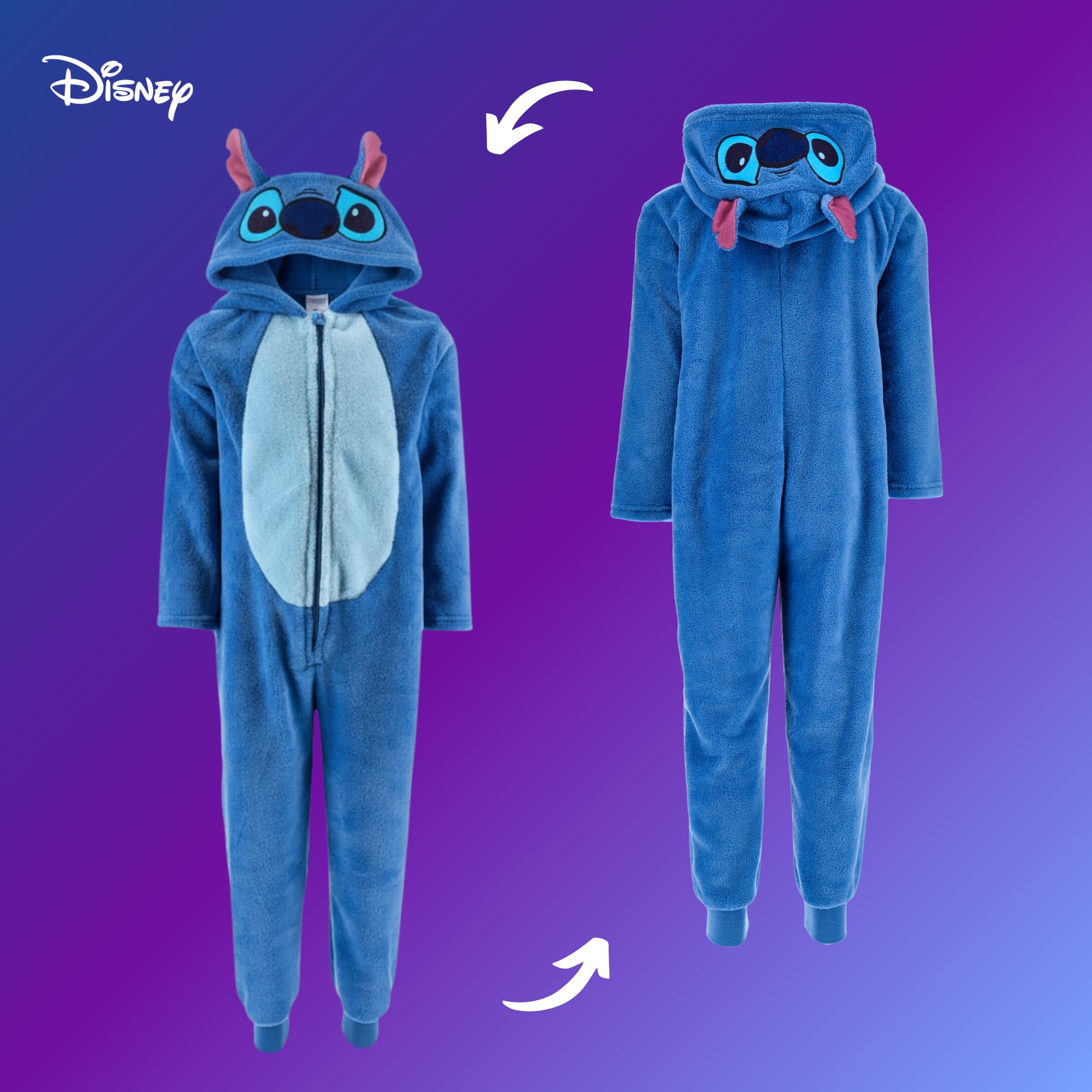 Disney Stitch Pyjamas pour Filles, Pyjama Une Pièce en Polaire Douce à Capuche 3D pour Enfants, Tailles 3 à 8 Ans