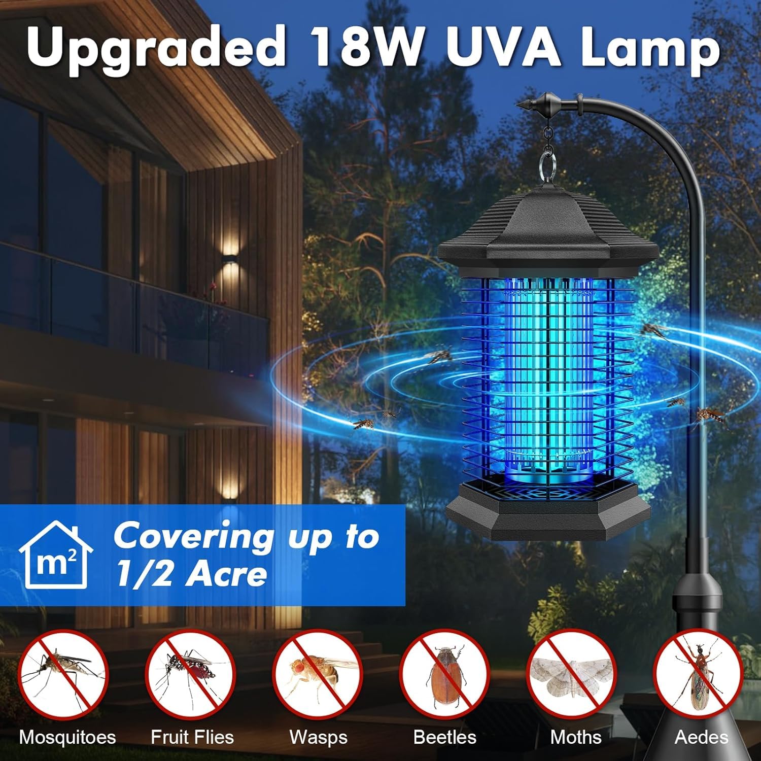 Elektrischer Insektenvernichter 4400V, UV Mückenlampe & Fliegenfalle, IPX4 Wasserdicht, Insektenfalle für Außen und Innen, 100㎡ Reichweite für Garten Terrasse Schlafzimmer