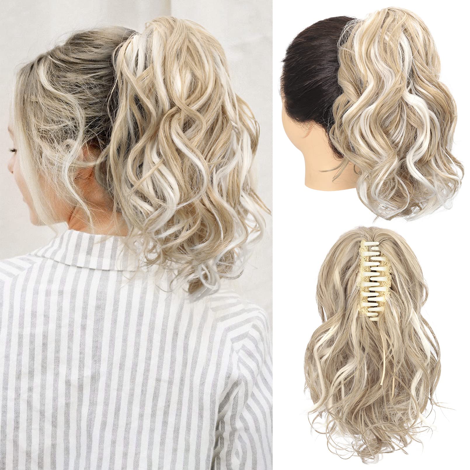 SEIKEA 12" Highlight Ponytail Extension, PT001 Ella Claw Short Thick Wavy Curly Jaw Clip in Fake Pony Tails Fake Hair Soft Natural Looking Synthetic