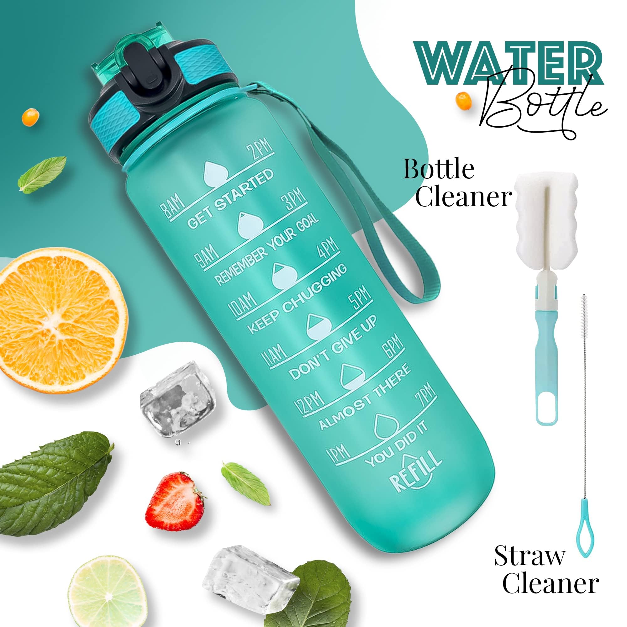 K-MART Water Bottle 1000ml Sports Water Bottle with Time Marker & Straw, Dishwasher Safe Leak-proof Drink Bottle BPA Free Non-Toxic Tritan Material 1 Click Open for Running Gym (Green) - Image 2