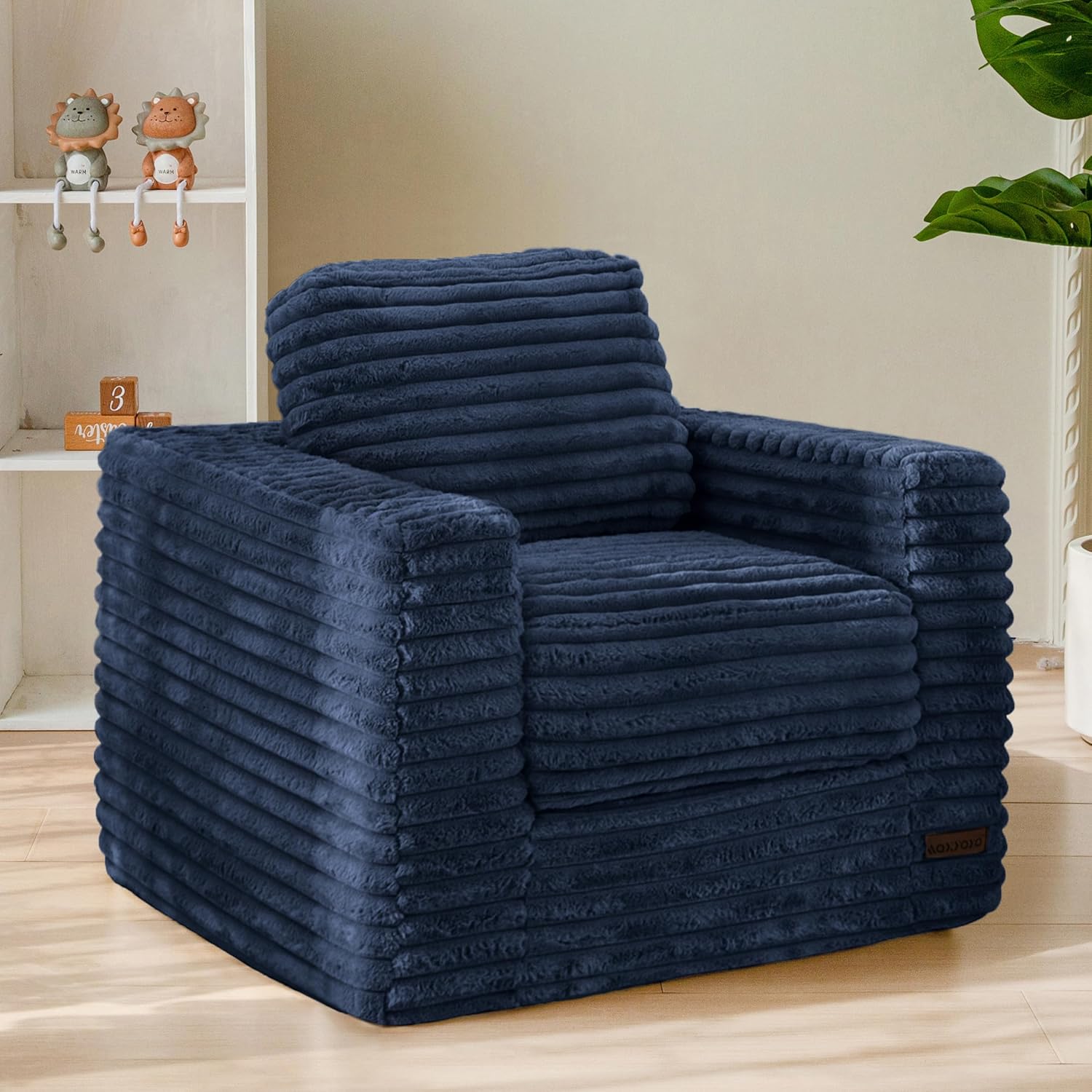 MAXYOYO Kids Bean Bag Chair, Comfy Faux Fur Bean Bag Sofa with Filler, Upholstered Floor Sofa with Pillows and Armrests, Lazy Floor Chair Couch for Boys and Girls, Navy Single Navy