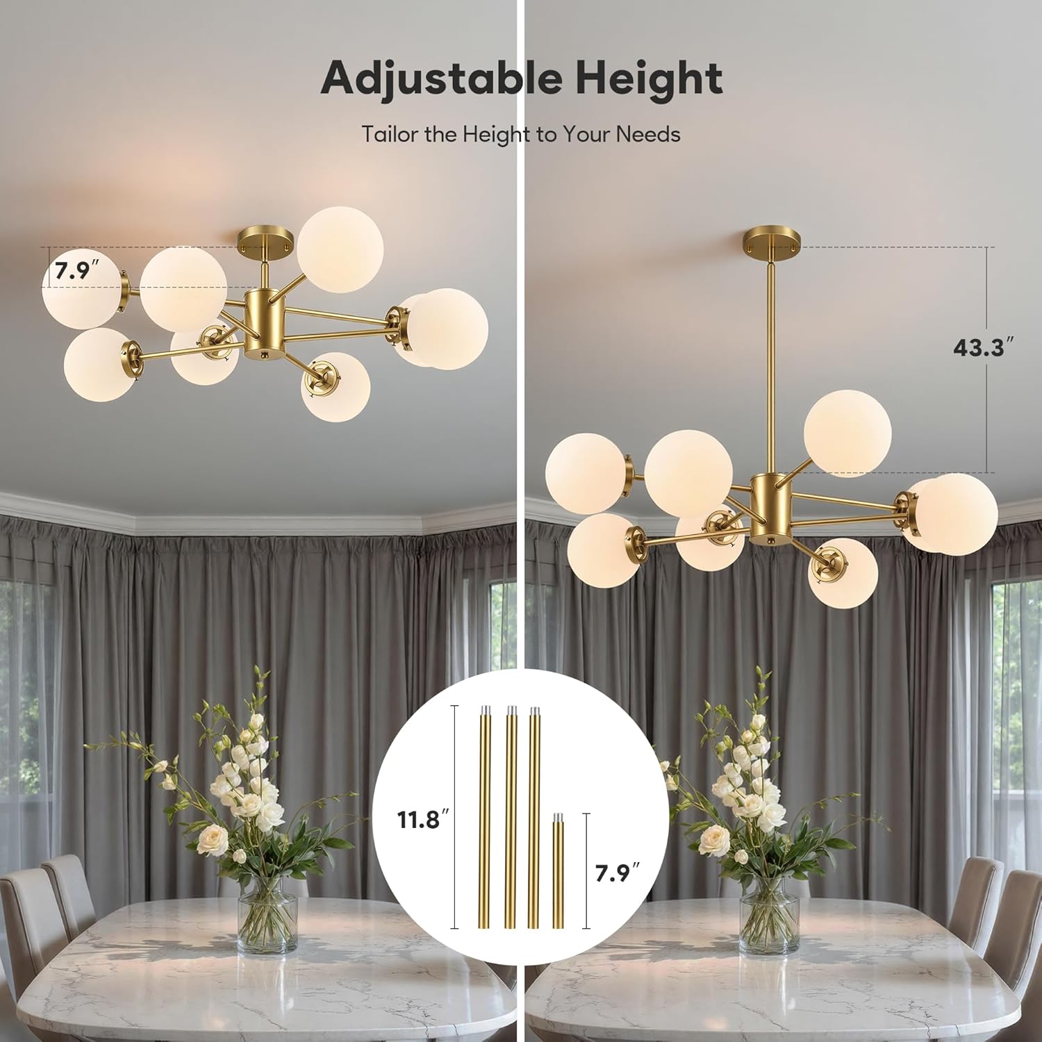 VONLUCE Sputnik Ceiling Light Fixture, 8-Light Modern Sputnik Chandelier with Frosted Glass Shades, ETL Listed Globe Chandelier for Living Room Bedroom Dining Room, Bubble Glass Pendant Light, Gold