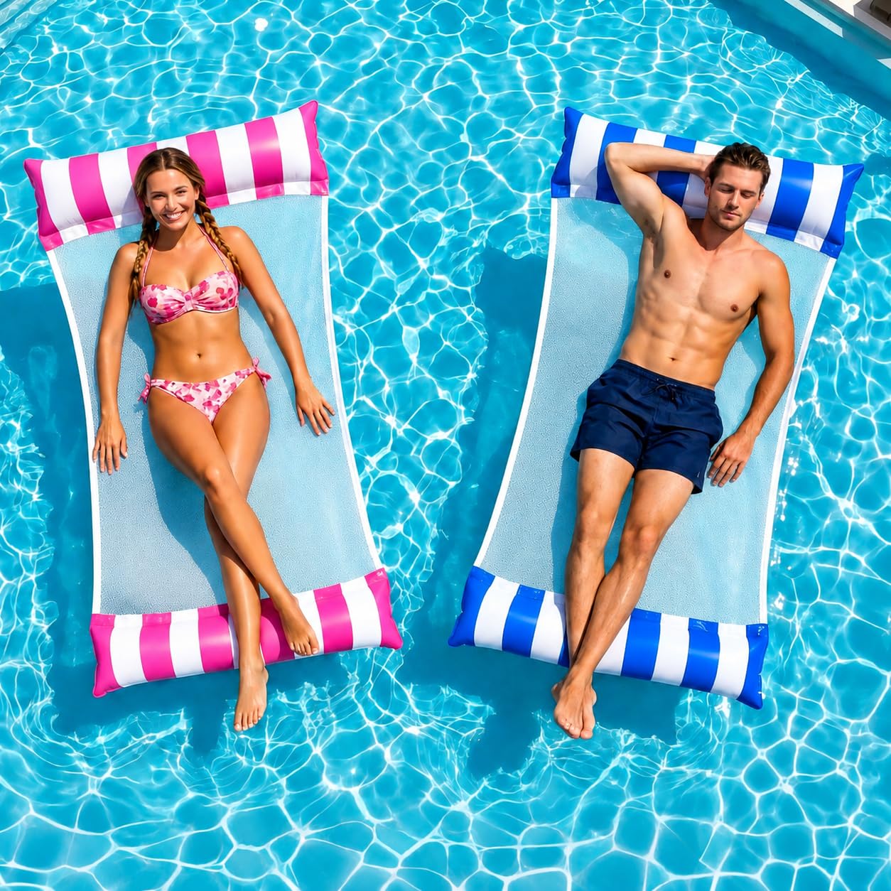 2 Piezas Colchoneta Piscina Adultos, Colchoneta Hinchable Piscina XL, Hamaca de Agua 4 en 1 con Red, para Piscina, Playa, Verano, Vacaciones y Relax