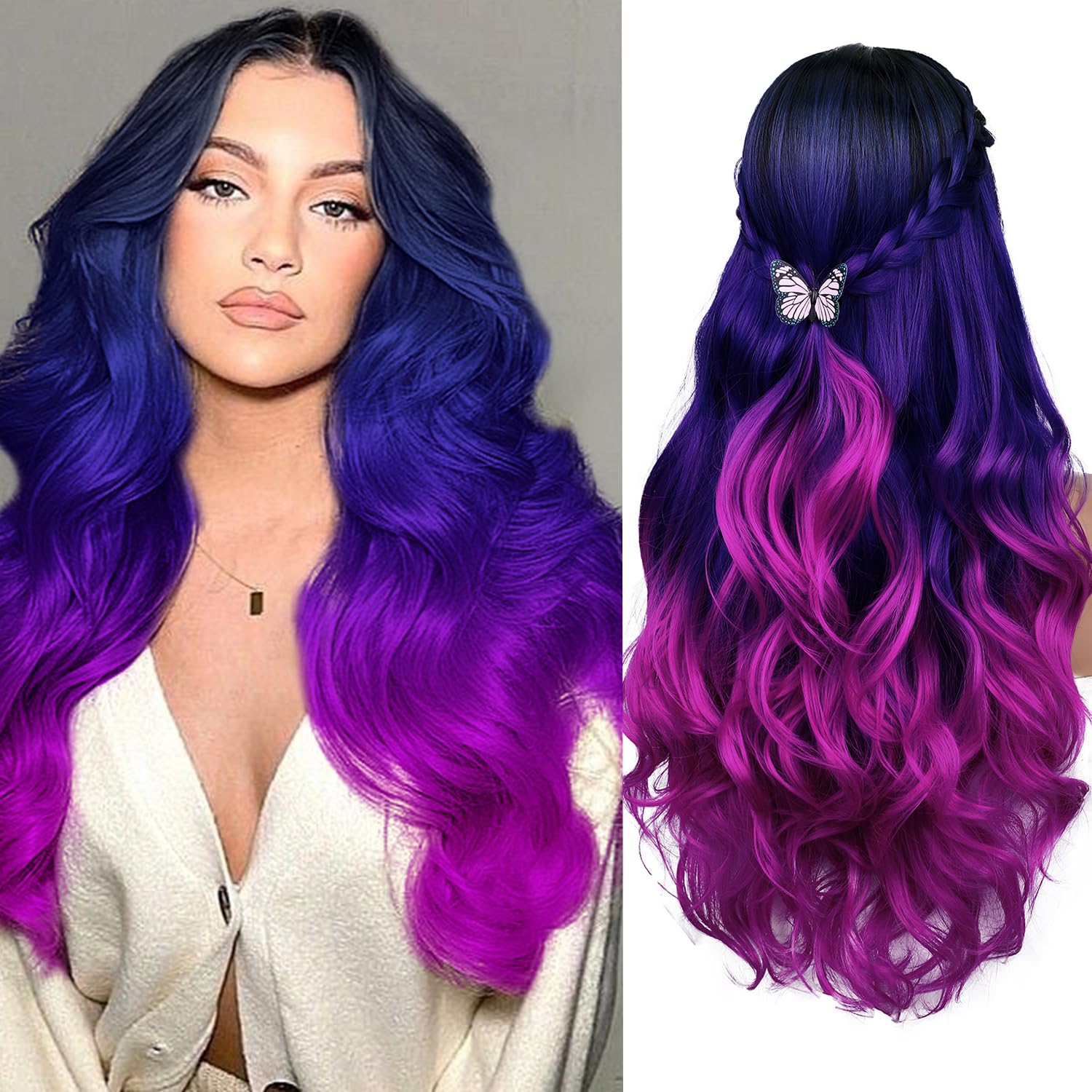 Quantum Love Long Purple Wavy Wigs Ombre Purple Body Wave Mermaid Hair Wig for Women Middle Part Colorful Curly Synthetic Hair for Halloween Cosplay Daily Party Use