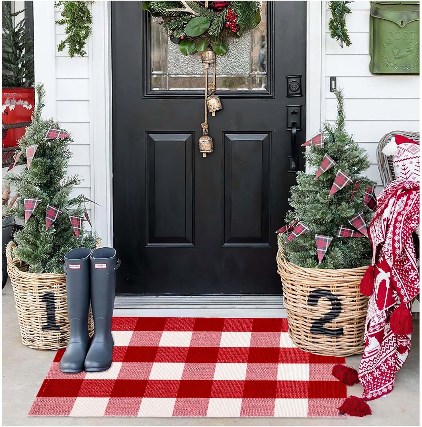 Christmas Door Mats Outdoor Rug 24'' x 35''Black and Red Outdoor Machine Washable