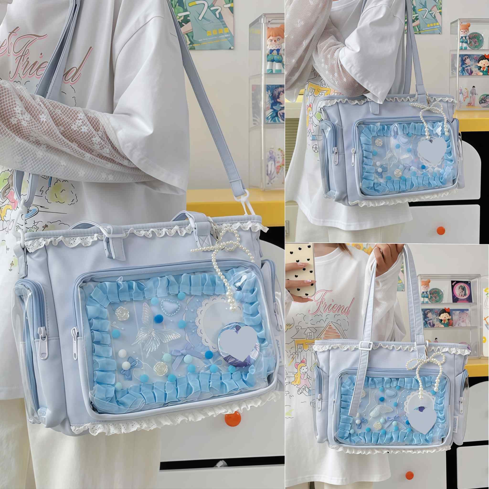 Ita Bag Kawaii, Borsa a Tracolla Donna con Finestra Trasparente e Inserto per Spille Anime, Borsa Crossbody Y2K con Volant e Cerniera, per Cosplay e Uso Quotidiano
