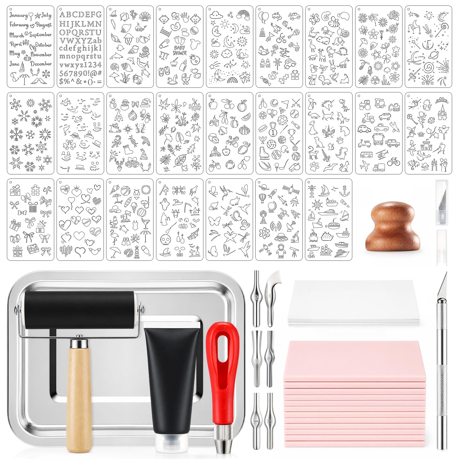 Qeeenar 97-teiliges Linolschnitt-Set für Druckherstellung, Stempelherstellung, Starter-Set mit 12 weichen rosa Gummi-Schnitzblöcken, Linoleumschneider, Werkzeuge, Brayer-Roller, schwarze Tinte und