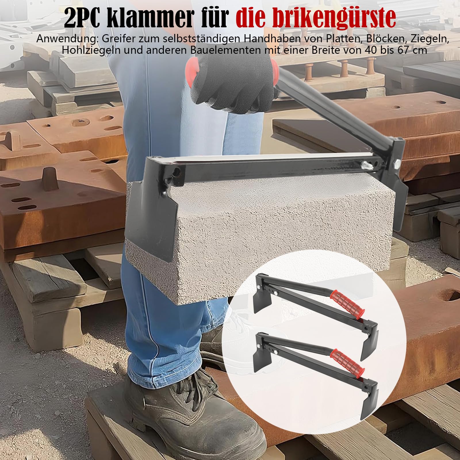 Ziegelzange Ziegelheber 2 Stück Verstellbare Steinzange 400-670mm Klinkerträger Steingreifer Steinheber