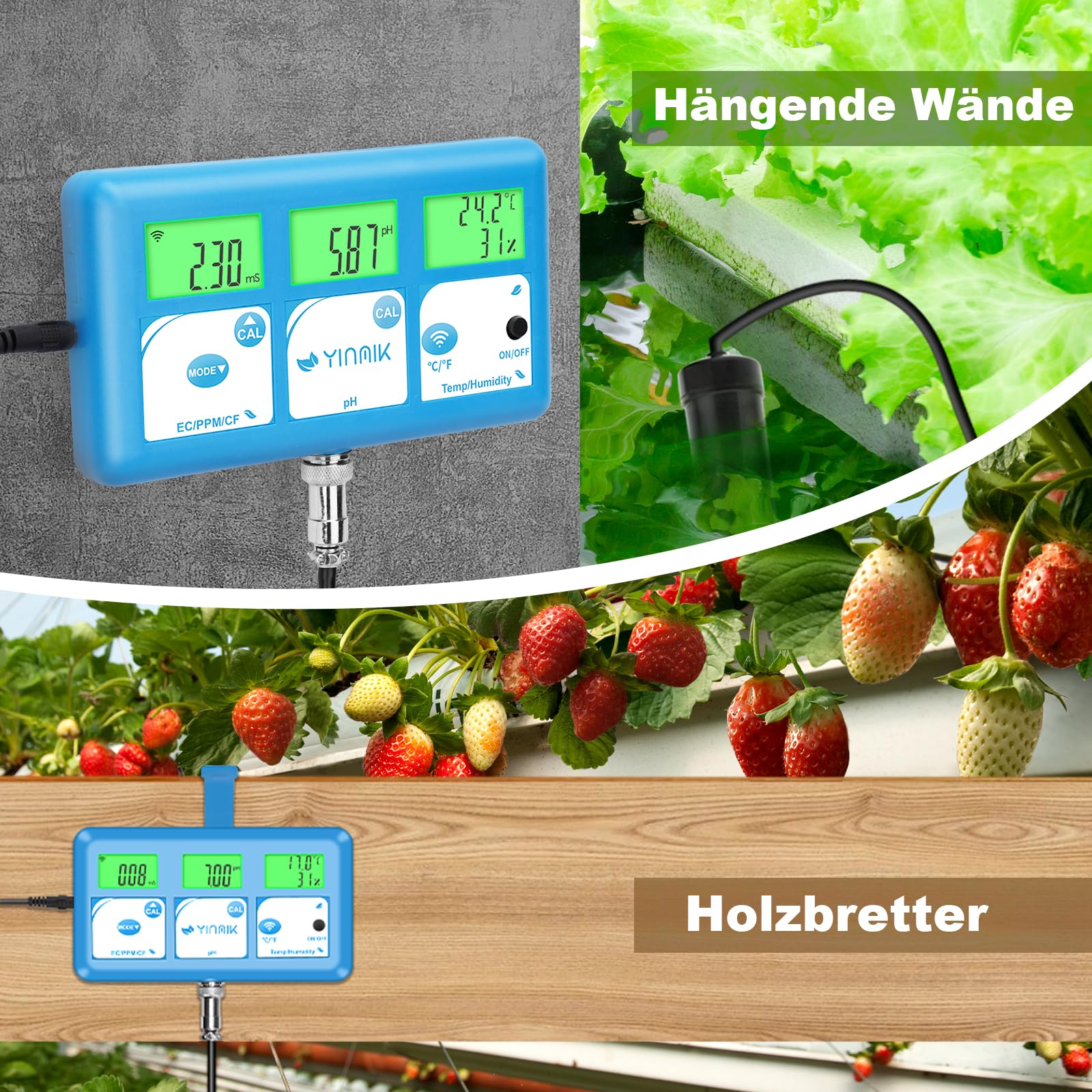 YINMIK EC pH Messgerät Grow, Digital pH EC Monitor for Hydroponics 6-in-1 Wasserqualitätstester mit Temperatur und Luftfeuchtigkeit, Digitales Multifunktions-Messgerät mit Kalibrierlösungen