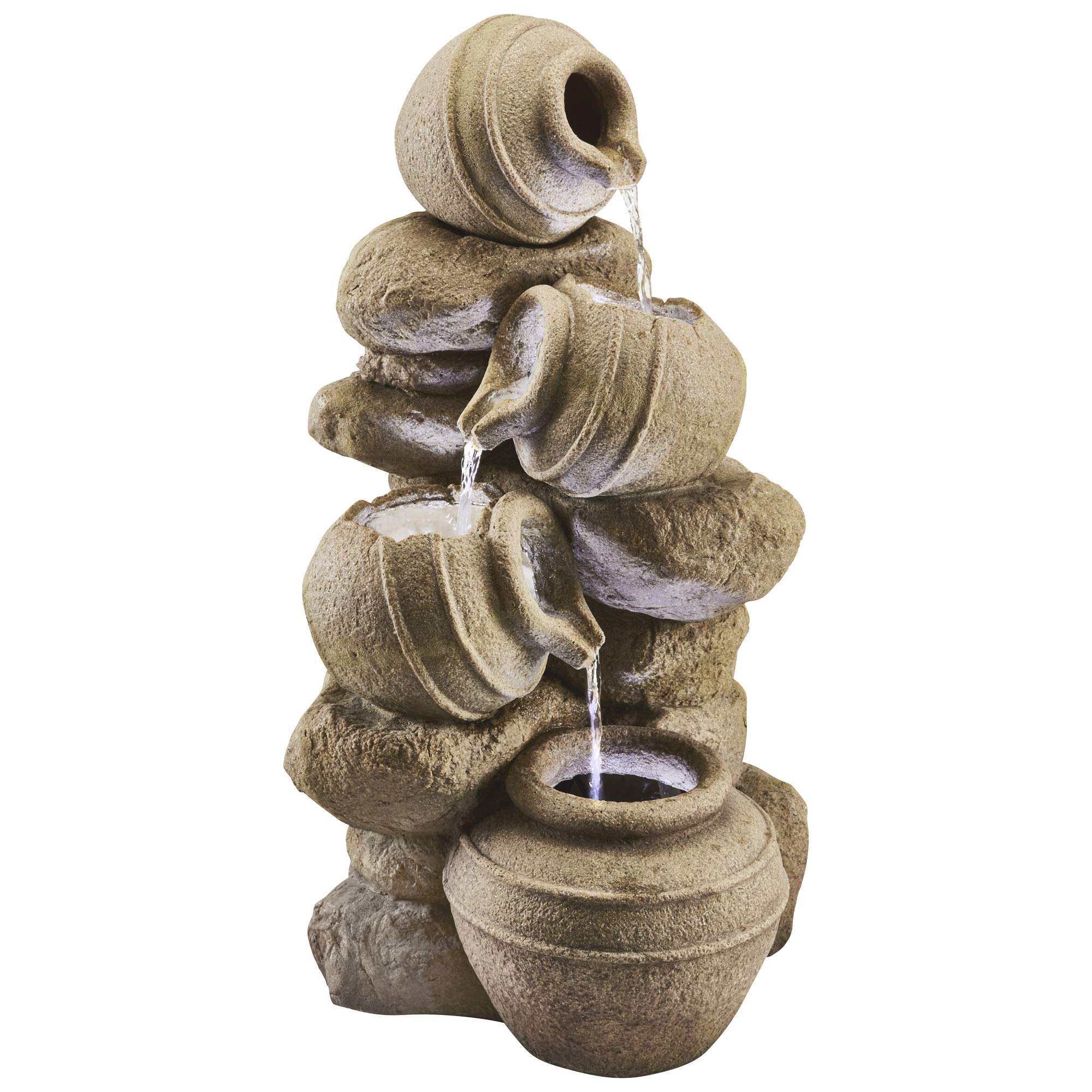 Serenity Stone Effect Tipping Pots Cascading Water Feature, Outdoor, Self Contained, with LED Lights, Height 72cm (4 Tipping Pots)