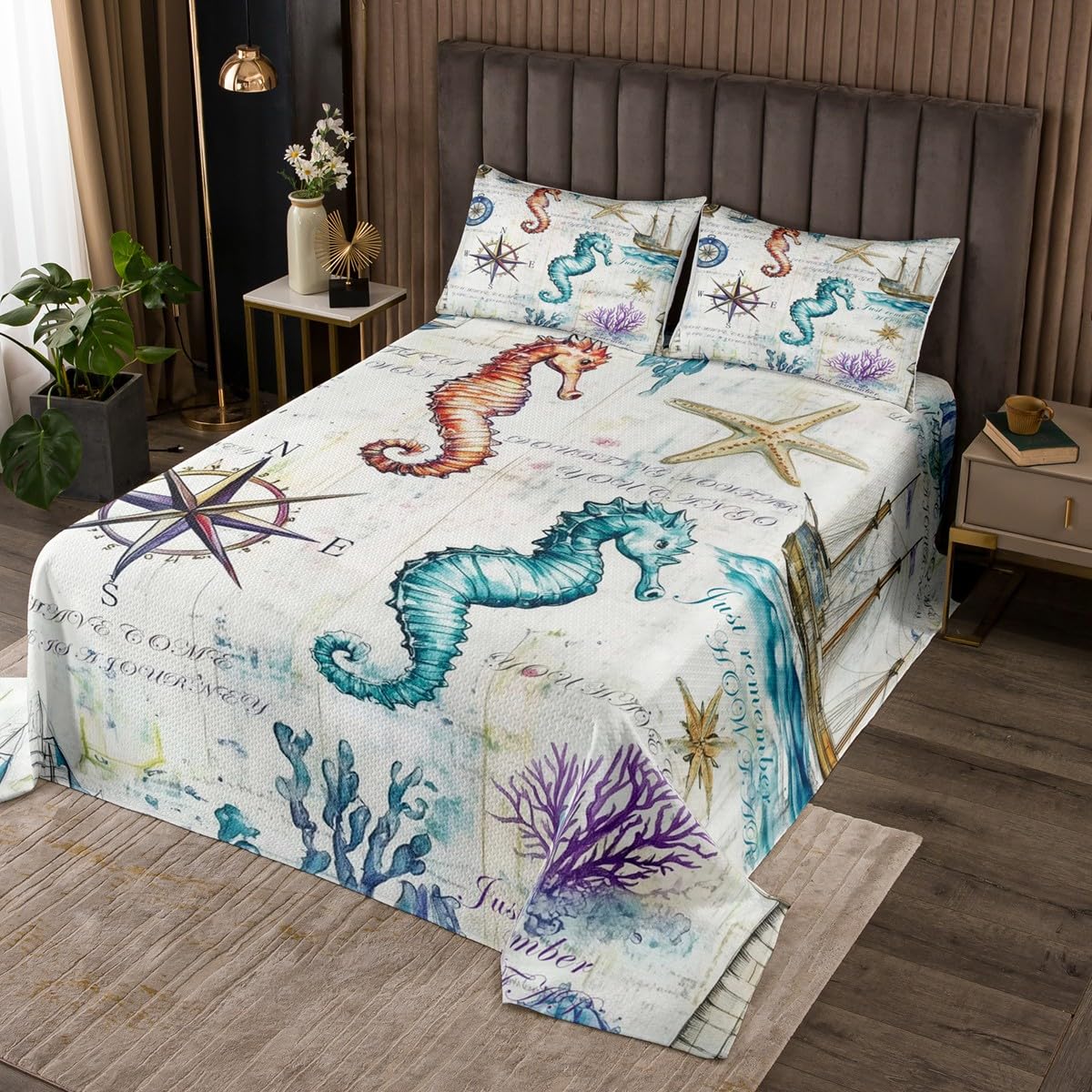 Homewish Seahorse Bedspread Twin Size,Nautical Lighthouse Compass Bedding Set 2Pcs Ocean Animals Coral Comforter Set for Kids Girls Boys Teens Room Decor,Rustic Farmhouse Quilt Set,1 Pillowcase