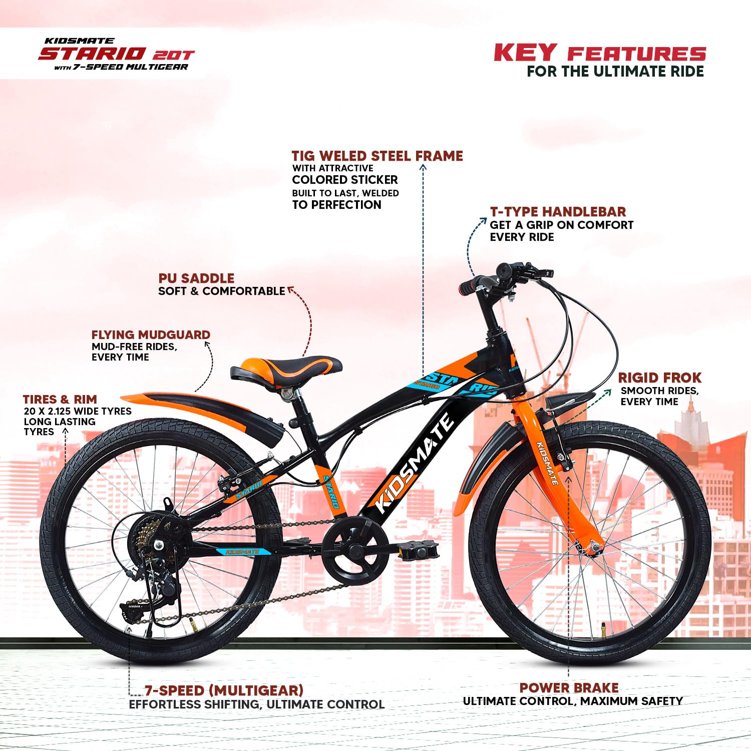 Kidsmate Stario Bike 20T 7 Speed Kids Cycle | Frame Size 12 Inch | Gear Bicycle for Boys & Girls of Ages 7 to 10 Yrs - Black/Orange — Amazon image 8