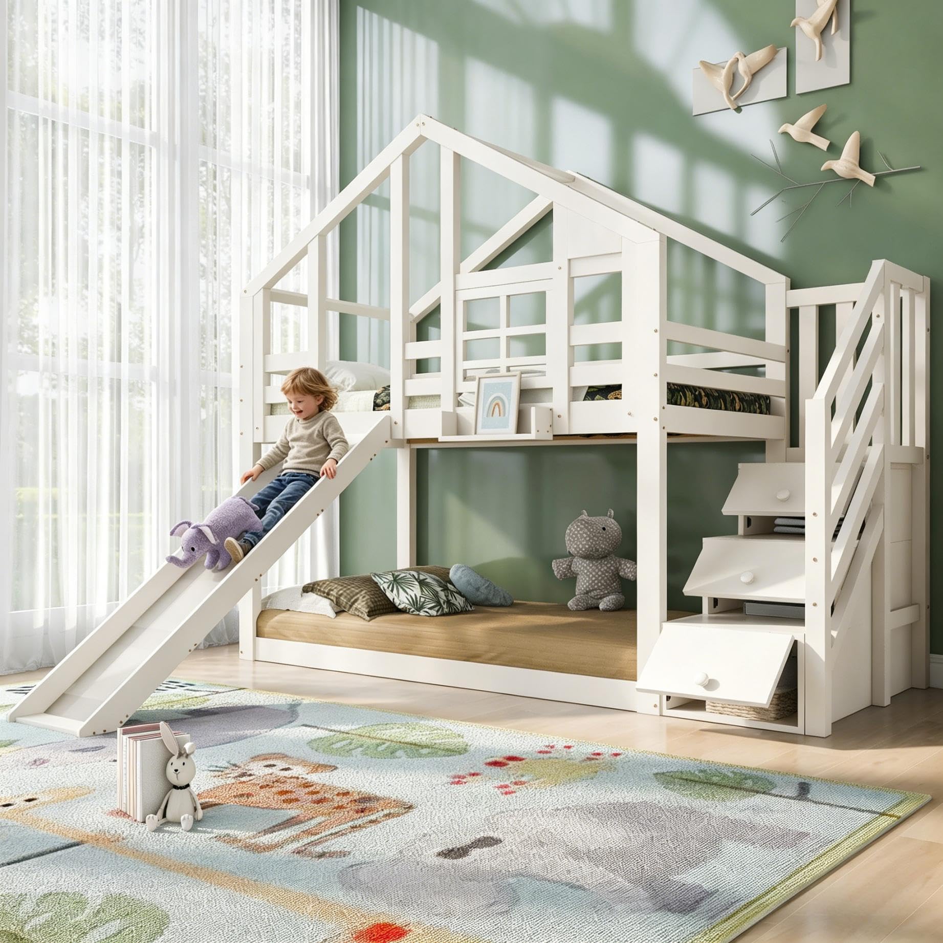 Su & Chan Legence Kinderbett 90 x 200cm mit Stauraum Treppe, Hochbett mit Rutsche und Rausfallschutz, Etagenbett Baumhaus mit Holz Lattenrost, Ohne Matratze, Weiß