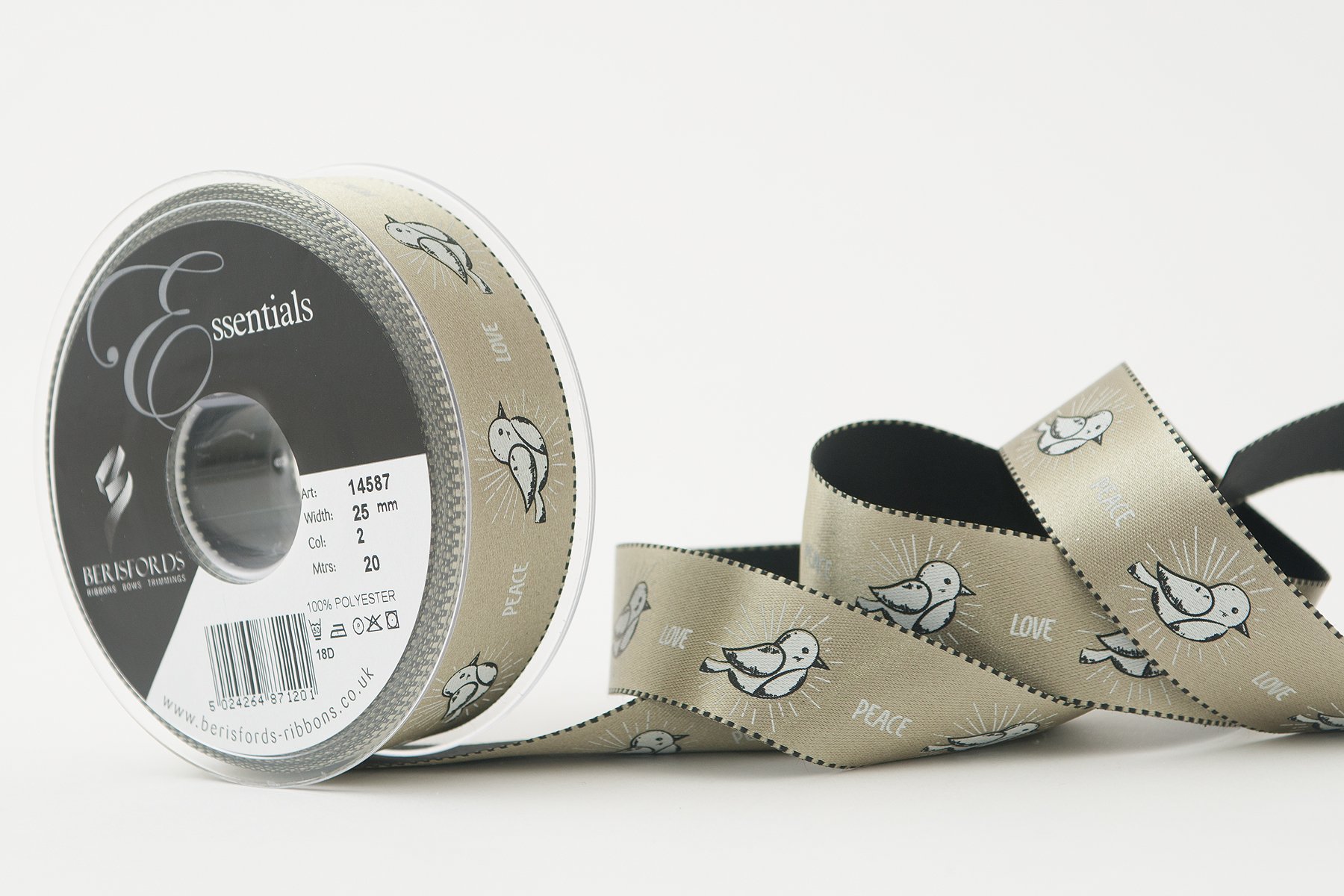 Berisfords Peace Chick Ribbon, Cloudy Green, 25 mm