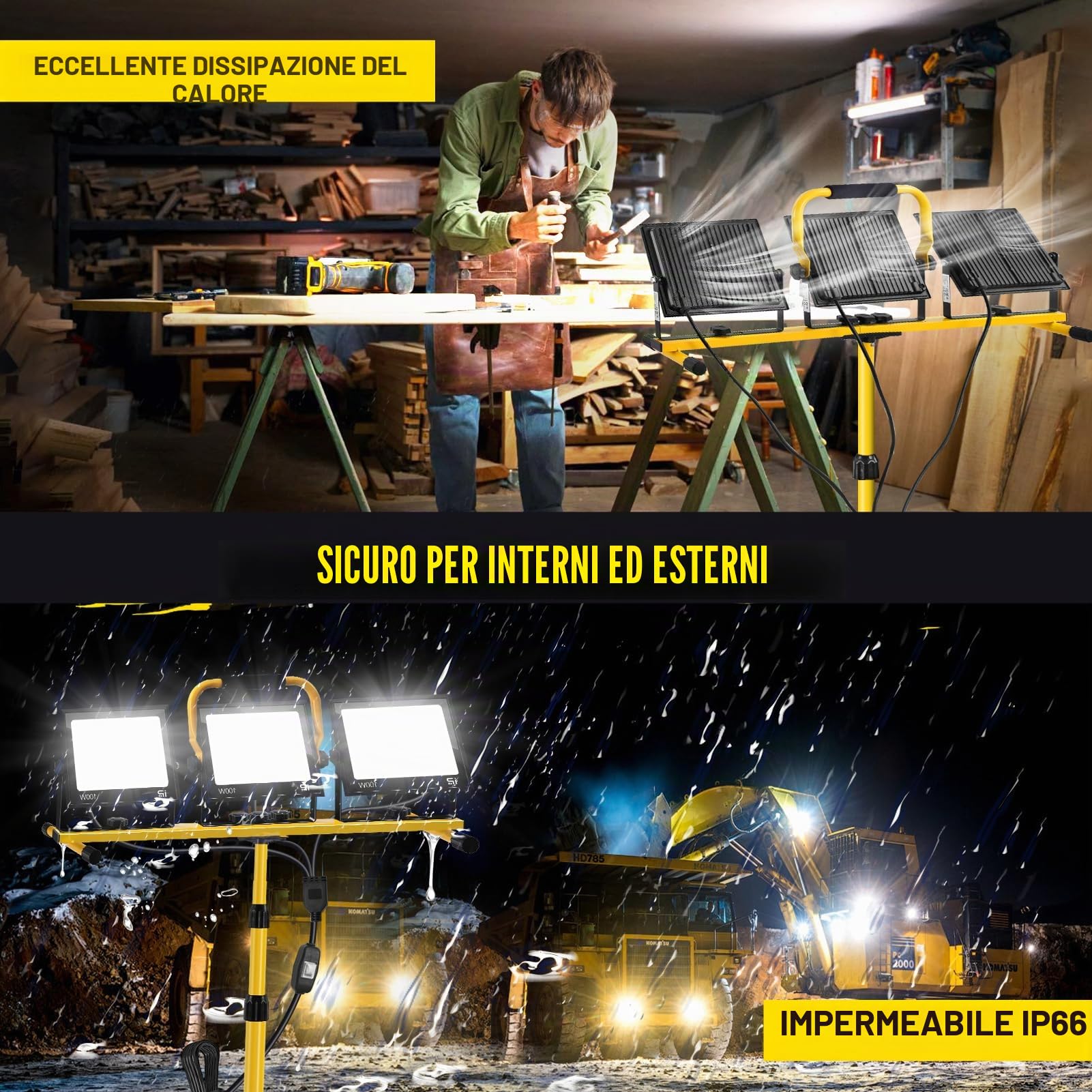 Faretto da Cantiere com Treppiede Telescopico 300W, 30000LM 6500K Faro LED da Cantiere Portatile, Luce Bianca 6500K IP66 Impermeabile Faretto Lavoro con Cavo 3m, Rotazione 360°