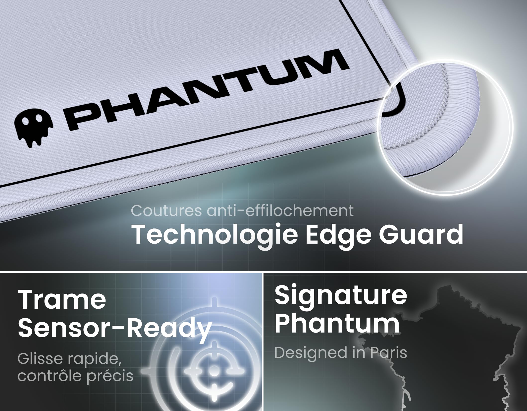 Phantum Kamon – Alfombrilla de ratón para juegos XXL 900 x 400 mm, superficie de microfibra hidrofóbica de alto rendimiento, base de goma antideslizante, suave velocidad y control preciso (luz)