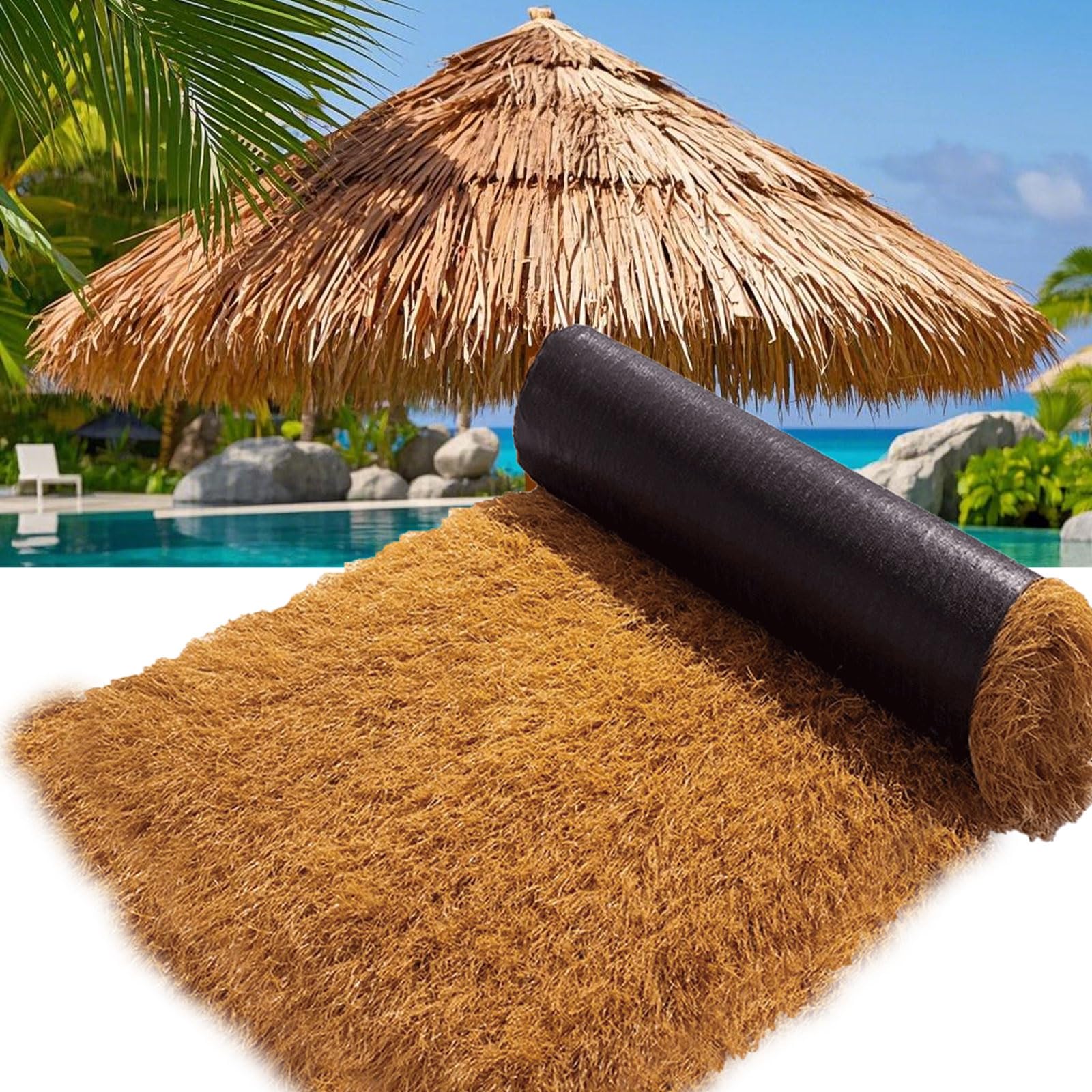 Bxzay Tiki Huts Synthetic Thatch Roofing,Waterproof Artificial Thatch Rolls With Uv Protection,Fade Resistant Durability,Realistic Faux Grass Thatch For Tropical Poolside Landscapi(Size:1*20M(3.2*65.6Ft))