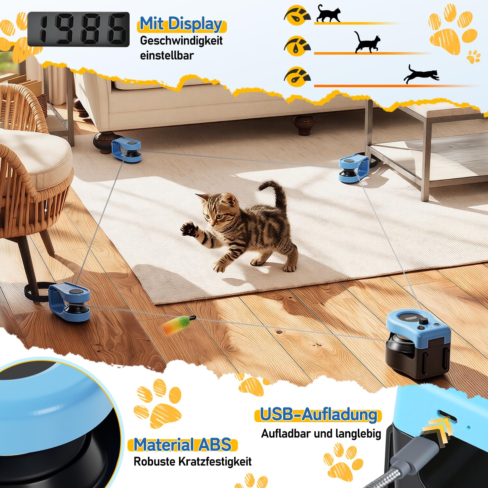 Daromigo Elektrisches Katzenspielzeug mit 3 Umlenkrollen, Fernbedienung