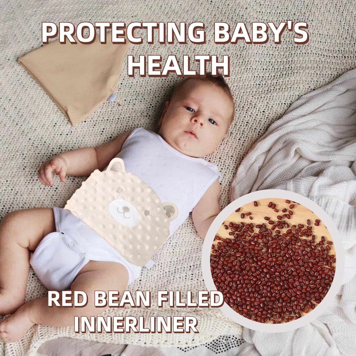 Bouillotte Bebe Anti Colique,Ceinture Anti Colique Bebe,Doublure en Haricot Rouge,Idéale Pour Les Maux De Ventre Et Les Ballonnements,Chauffant et Lavable,Blanc Cassé