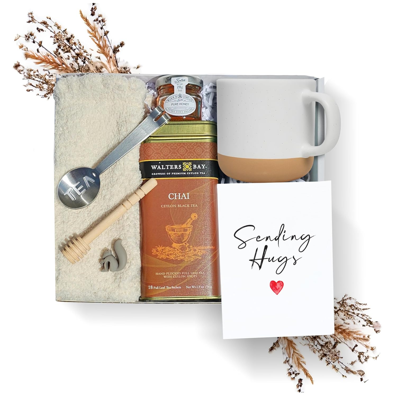 Tea Gift Set for Women – Get Well Basket with Cozy Socks, 18 Full Leaf Sachets, Honey, Tumbler & Sending Hugs Card (English Breakfast)