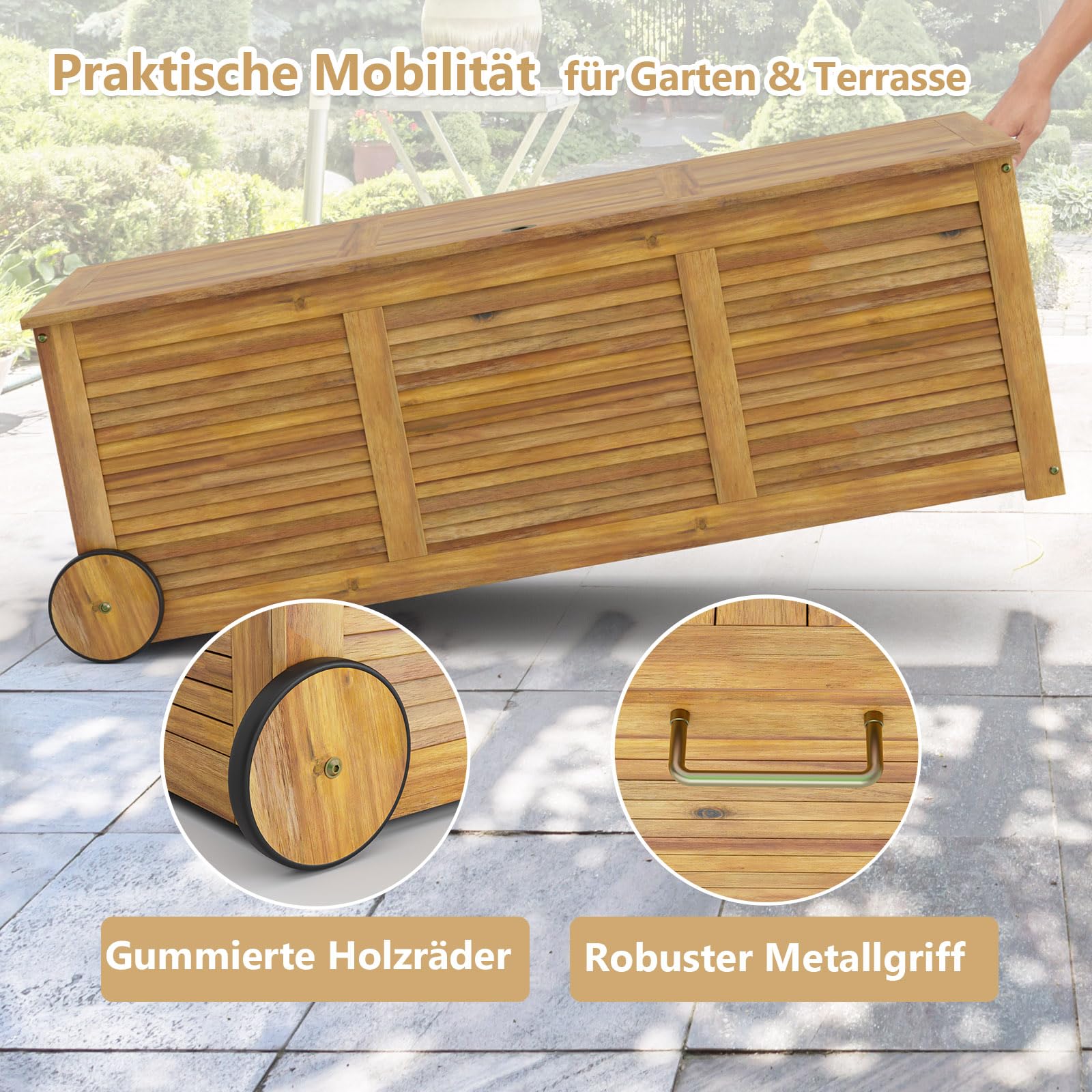 GIANTEX Gartenbox Holz Auflagenbox Gartentruhe Kissenbox Holzbox Garten | Wetterfest mit Abdeck- & Innenplane, Mobil mit Rollen & Griff, Aufbewahrungsbox Garten, Holztruhe Outdoor, für Gartenauflagen