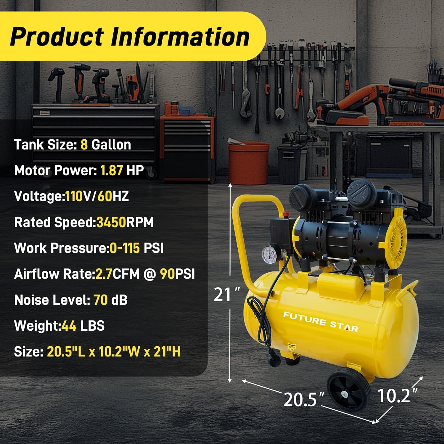 8 Gallon Ultra Quiet Air Compressor with Wheels, Oil-Free Portable Horizontal Tank, 70dB 1.87HP 2.7CFM 115PSI, for Auto Repair, Tire Inflation, Spray Painting, Woodwork Nailing
