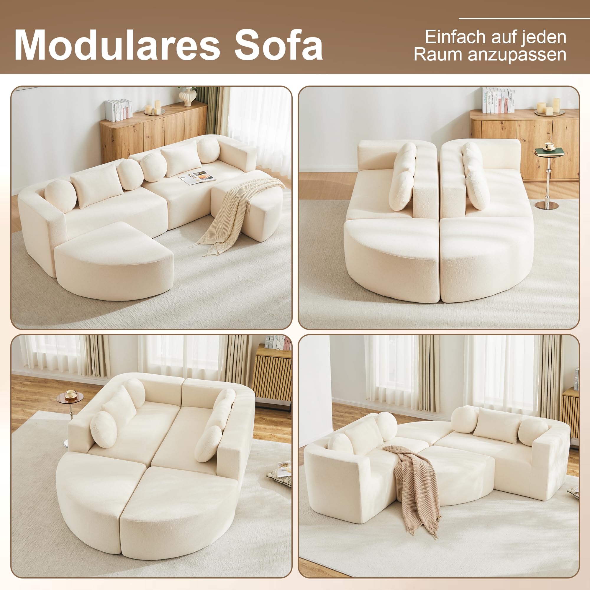 Cloud sofa modułowa, sofa do spania z funkcją spania, pokrowiec szenilowy, beżowa, szer. 292 x gł. 165 x wys. 68 cm, natychmiast gotowa do użycia