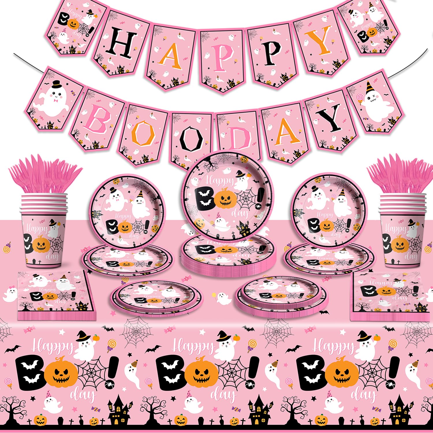 Photo 1 of Pink Halloween Birthday Party Decorationsn -142Pcs Happy Boo Day Tableware Set Paper Plate,Tablecloth,Napkins Halloween Ghost Table Decoration for Little Boo Baby Shower,Halloween Birthday
