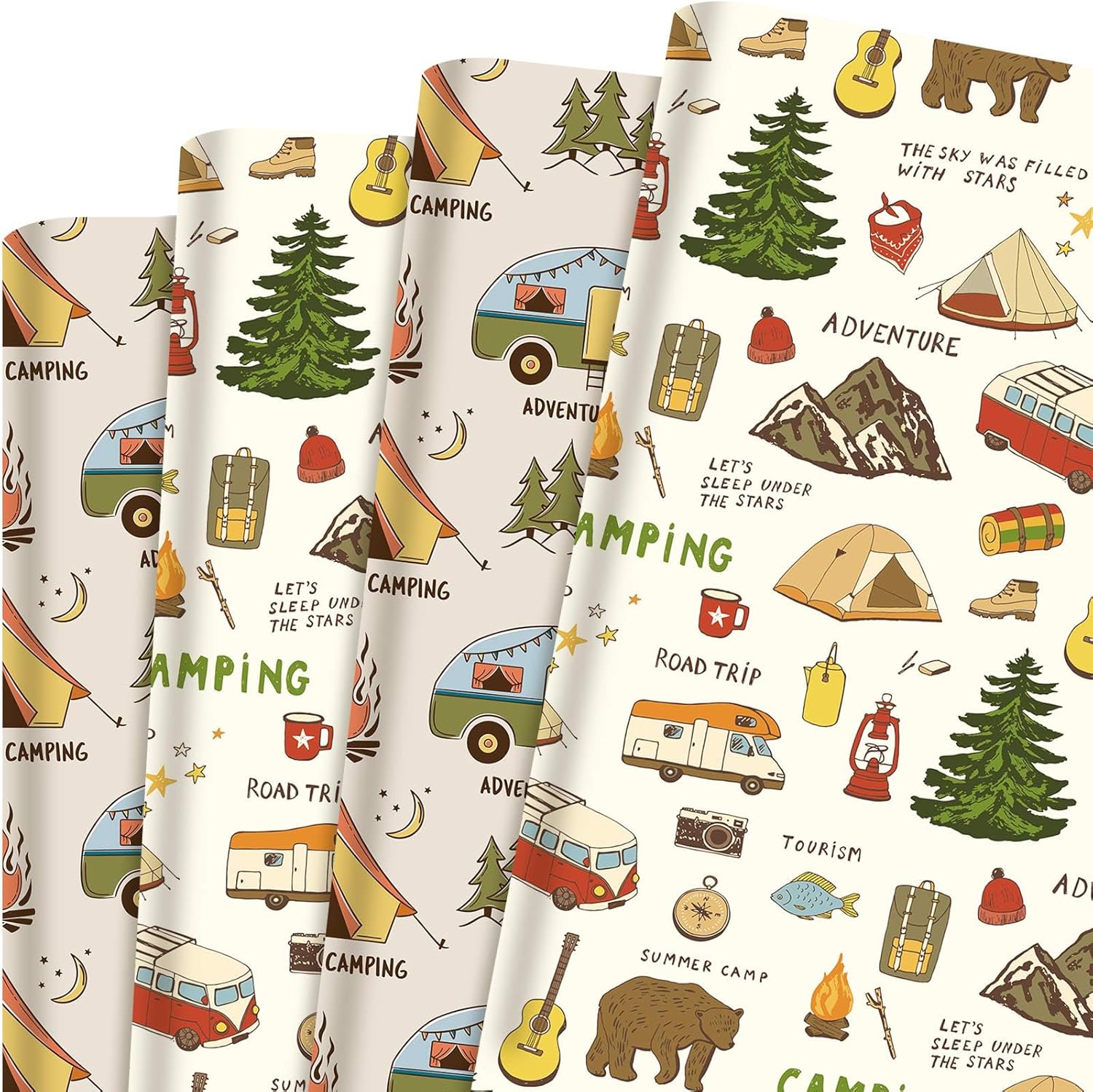 Bolsome 12 Sheets Camping Wrapping Paper Adventure Tent Tree Mountain Bears Trip Art
