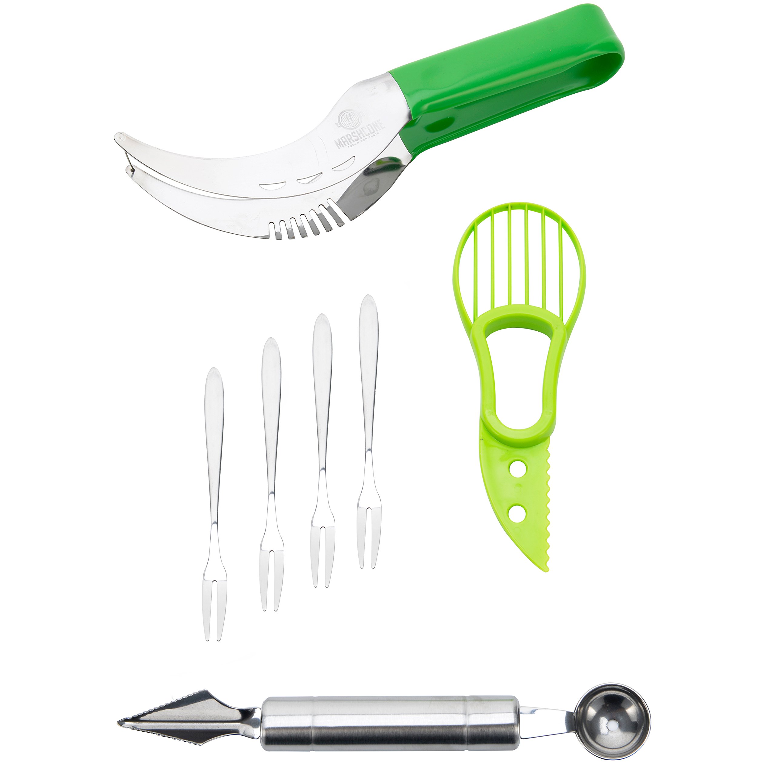 Watermelon Slicer Knife With Free Avocado Slicer and Stainless Steel Melon Baller Scoop All Premium Quality Get 4 Appetizer Forks and Ebooks As A Bonus Make Perfect Fruit Slices Serve Like A Pro
