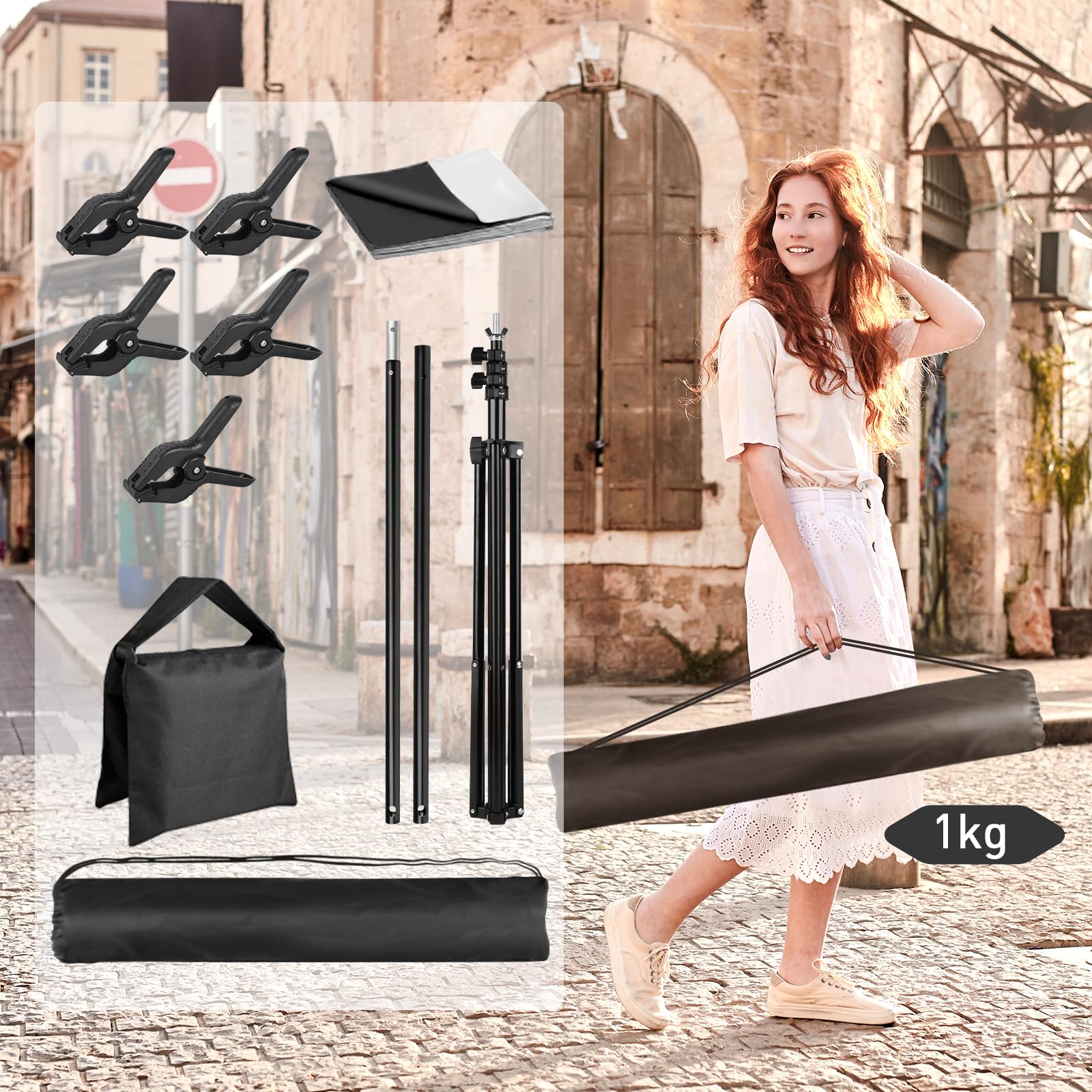 Toile de fond blanche noire avec support, Foccalli 2 en 1 2 x 1,5 m, kit de fond noir et blanc pour Chroma Key Streaming Gaming Photoshoot avec sac de transport et 5 clips
