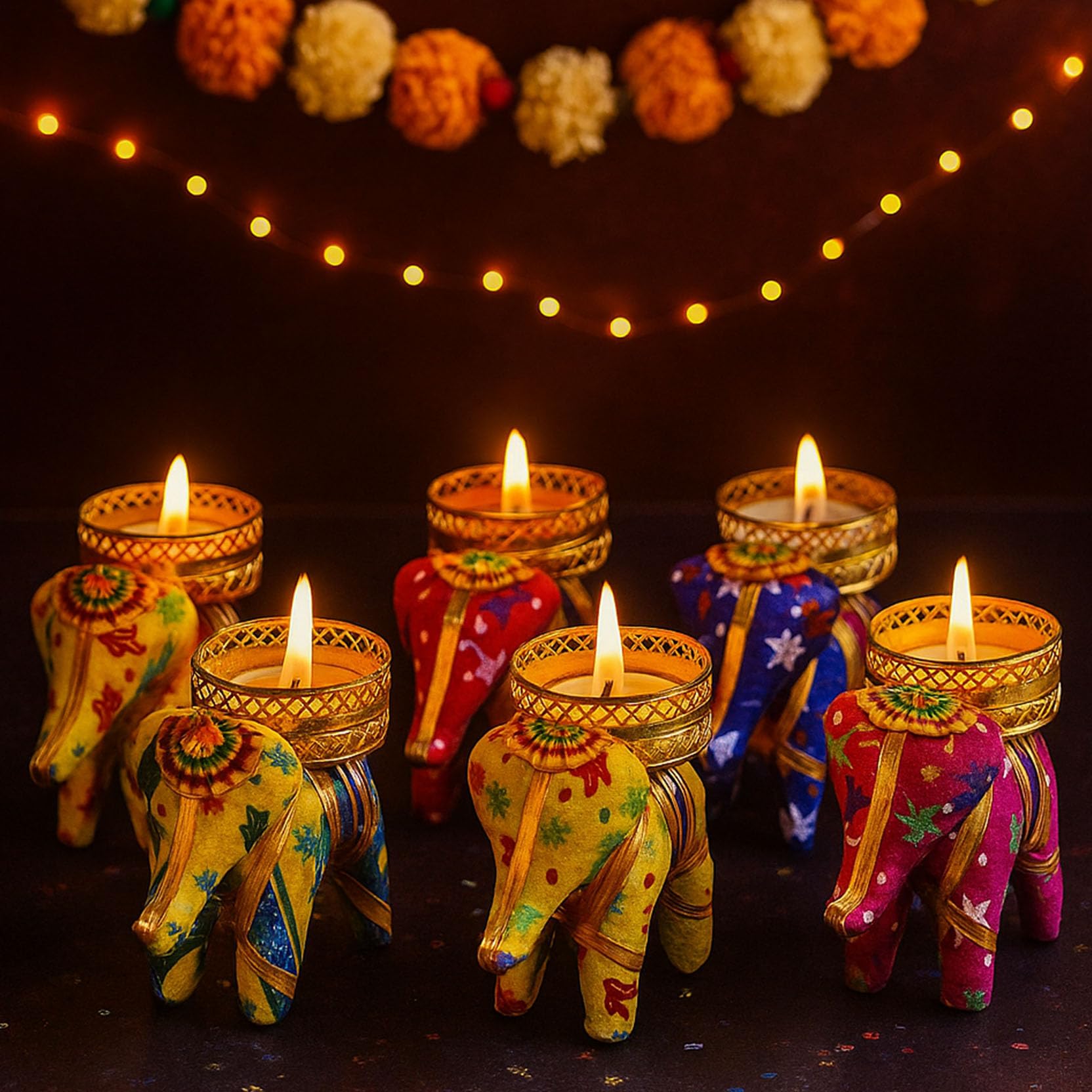 Set of 6 Handcrafted Recycled Material Elephant Tealight Candle Holder for Diya Home Decoration (Multicolor, 8 X 5 X 10 cm) - Decor Items - Candles Diya for Home Decoration