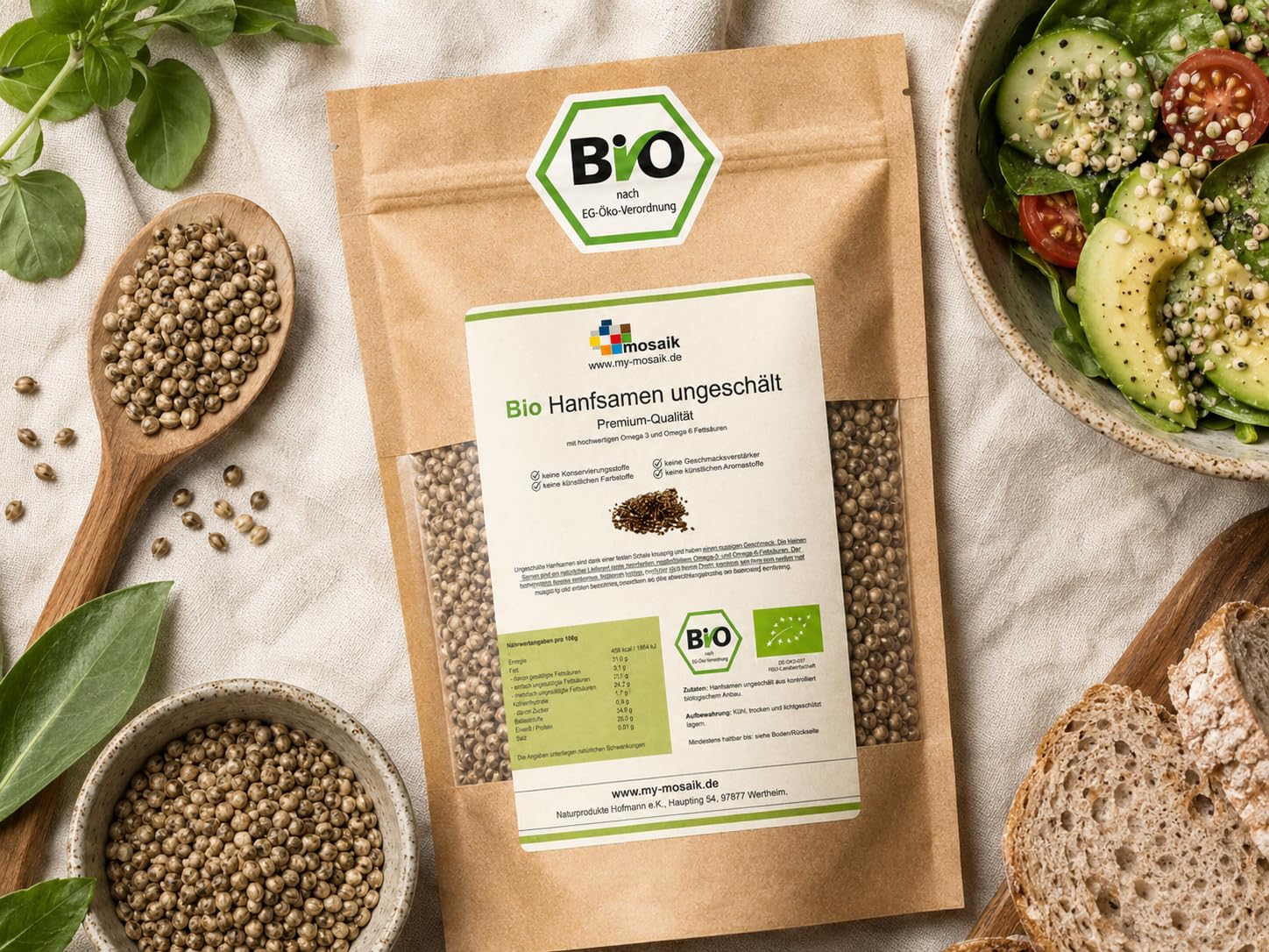 my-mosaik Bio Hanfsamen ungeschält aus kontrolliert biologischem Anbau - nährstoffreich und vegan, essentielle ungesättigte Omega-3- und Omega-6-Fettsäuren (5x 1000g)