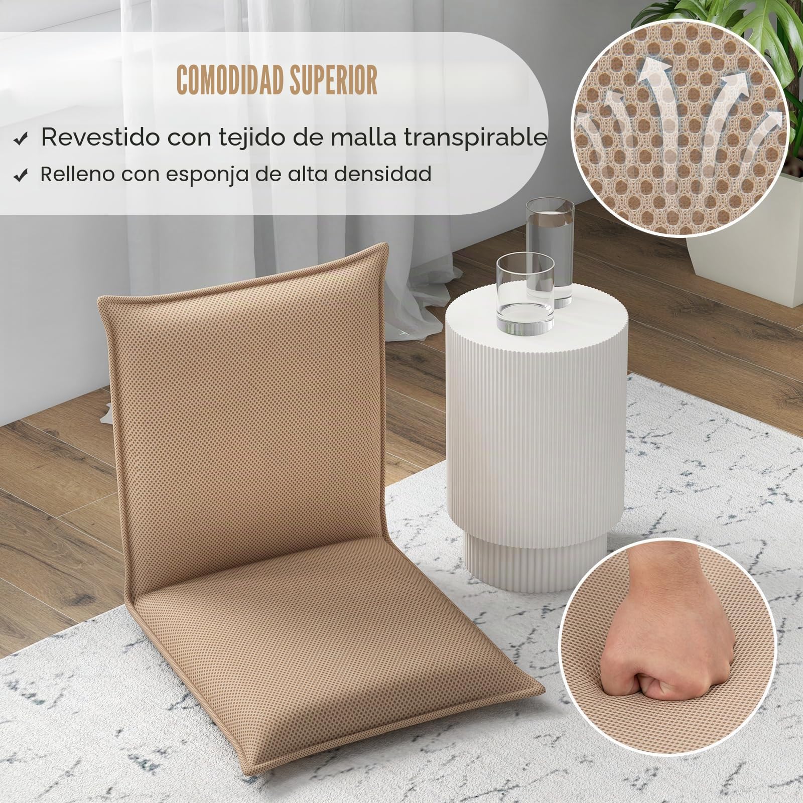 FANTASK Silla de Suelo con Respaldo Ajustable de 6 Niveles, Acolchado, para meditación, para meditación, Color Beige