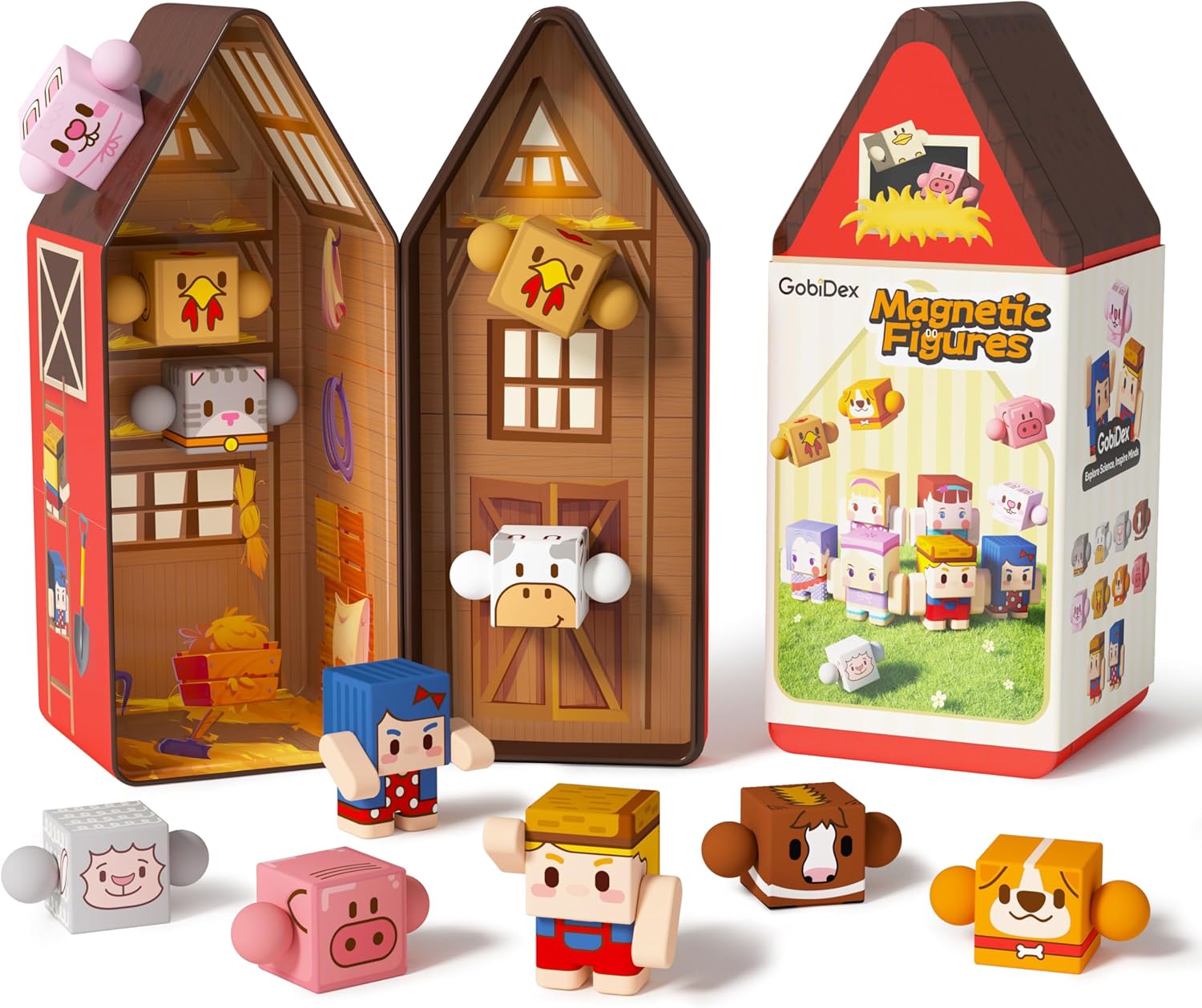 GobiDex Magnetic Farm Figures Set with Animals & People, Portable Tin Box for Role Play & STEM Education, Travel Toy Compatible with Magnet Building Blocks for Kids 3+